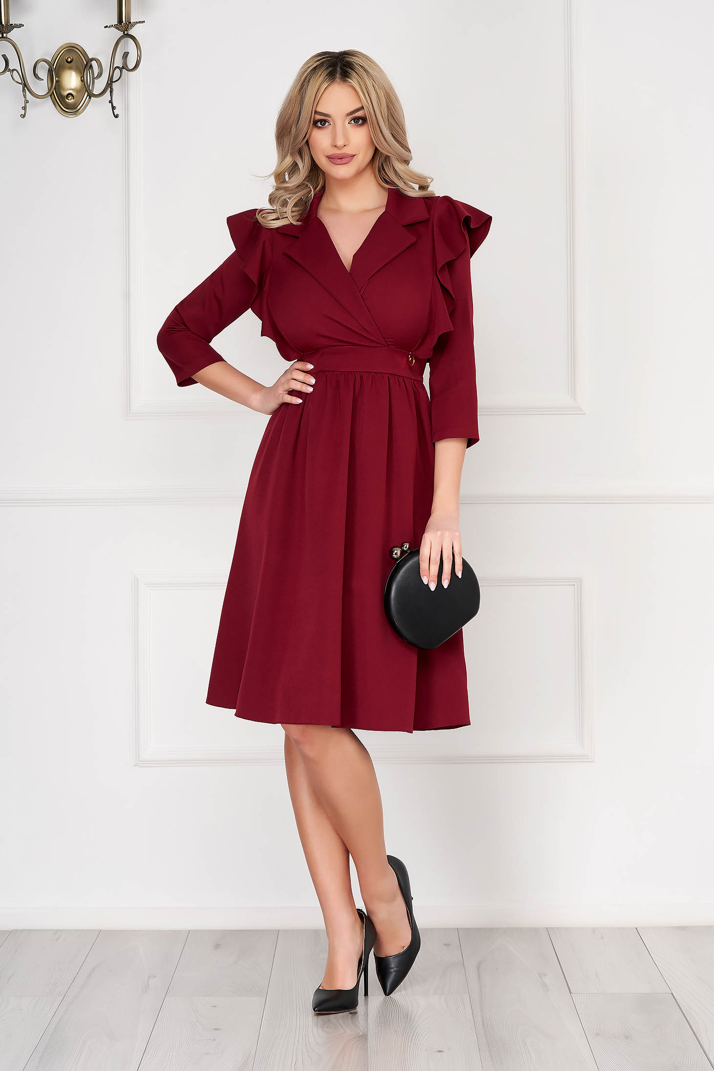 Burgundy dress elegant midi cloche cloth thin fabric with ruffled sleeves 3 - StarShinerS.com