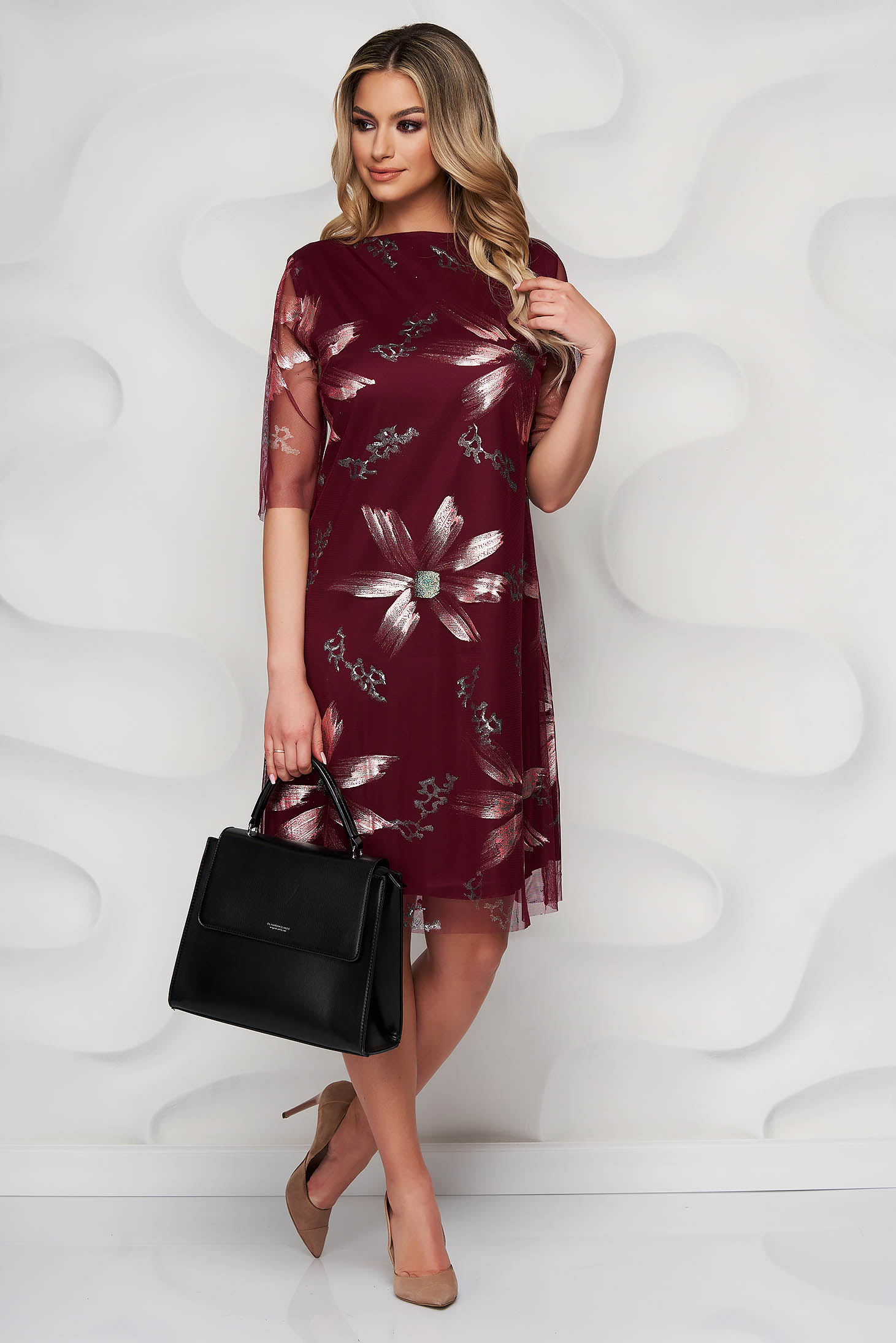 Burgundy elegant short cut dress straight cut from veil with floral prints 3 - StarShinerS.com