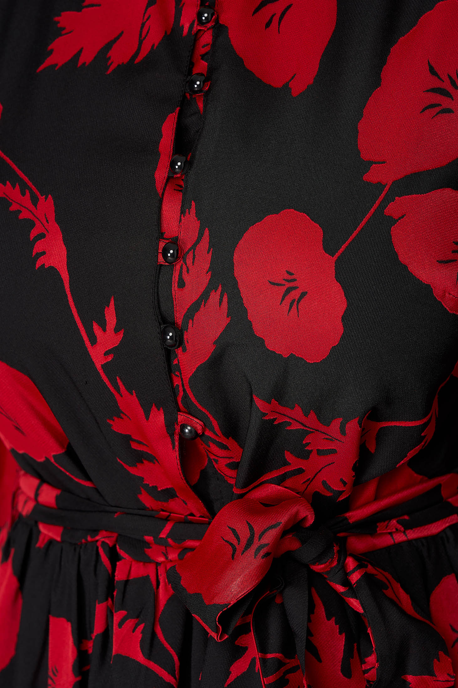 Rochie rosie eleganta in clos scurta cu imprimeuri florale accesorizata cu cordon cu maneci prinse in elastic 4 - StarShinerS.ro