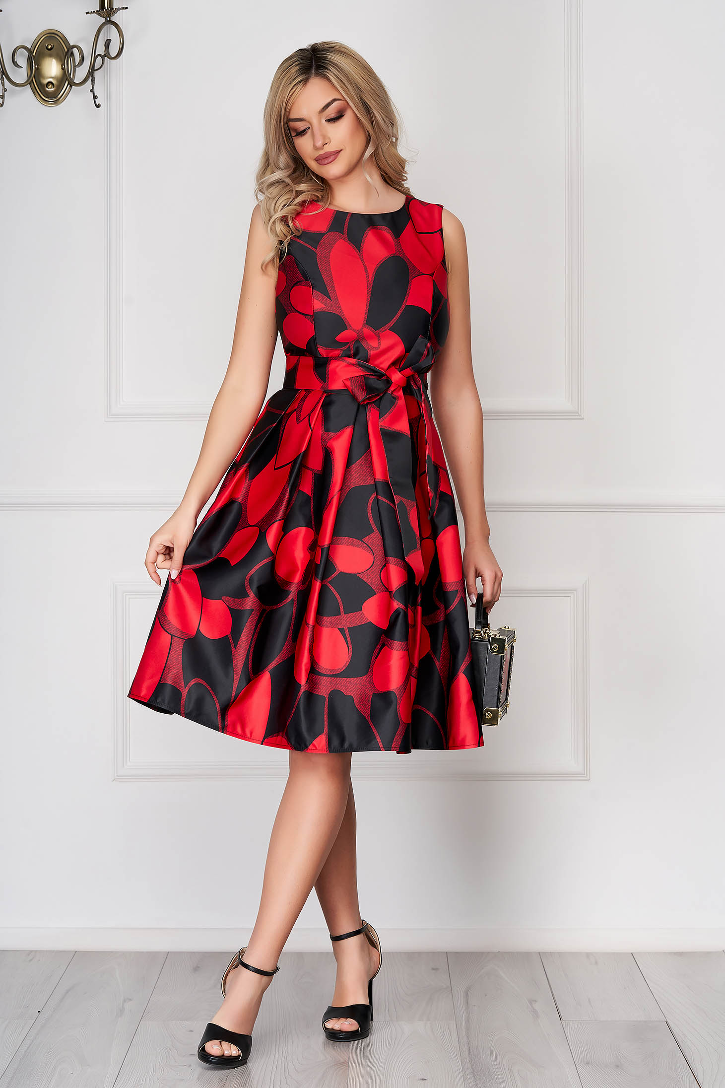 Red Dress Occasional Midi From Satin Sleeveless With Floral Print 1377