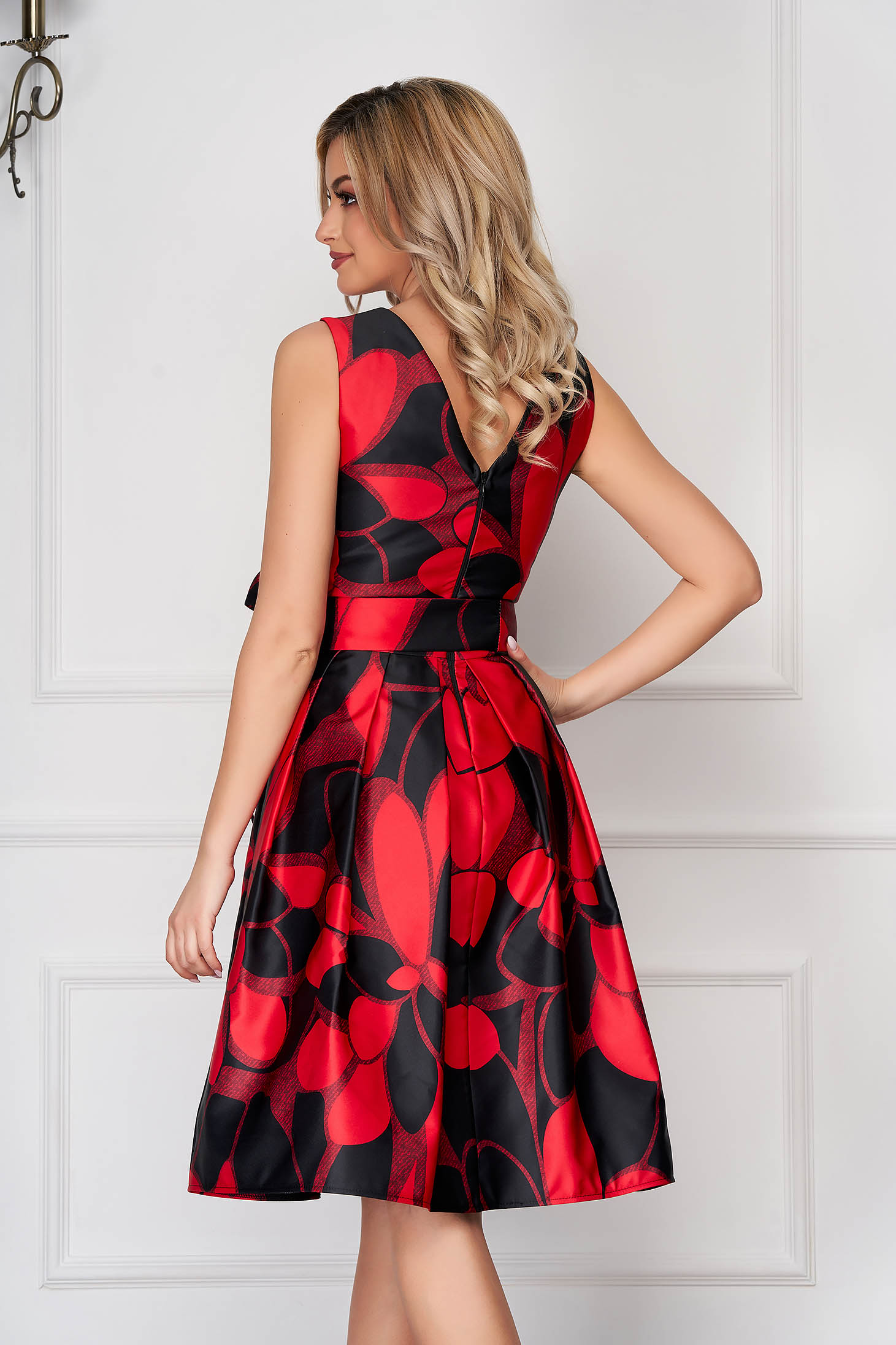 Red Dress Occasional Midi From Satin Sleeveless With Floral Print 6672