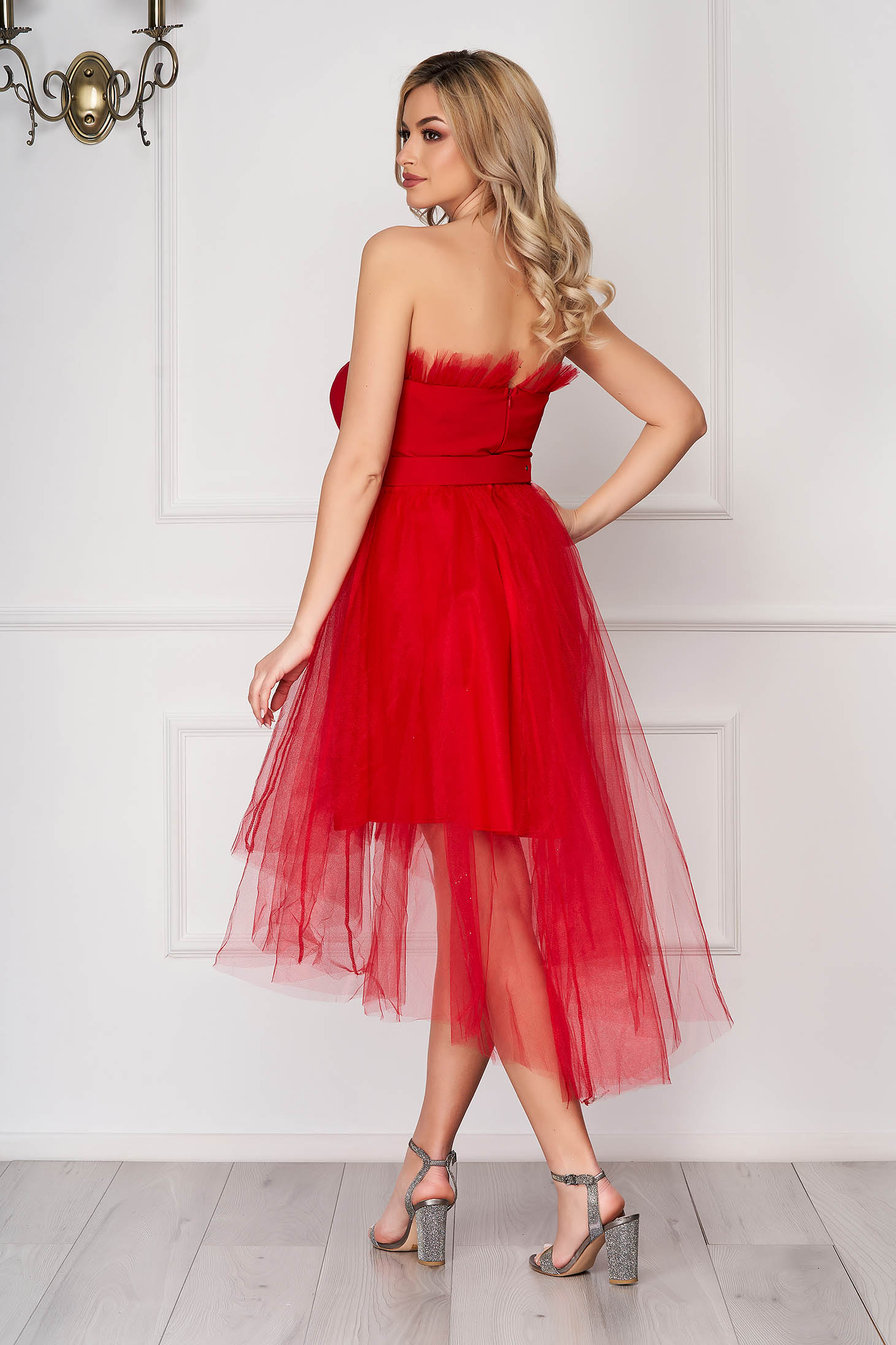Red dress occasional short cut cloche asymmetrical from tulle strapless