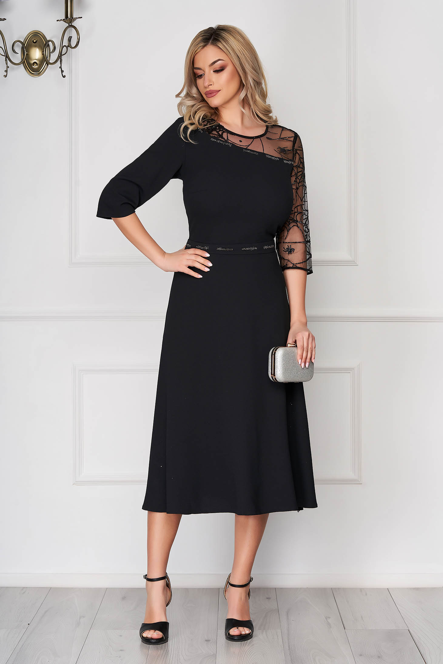 Black Dress Elegant Midi Cloche Cloth Thin Fabric With Lace Details 7616