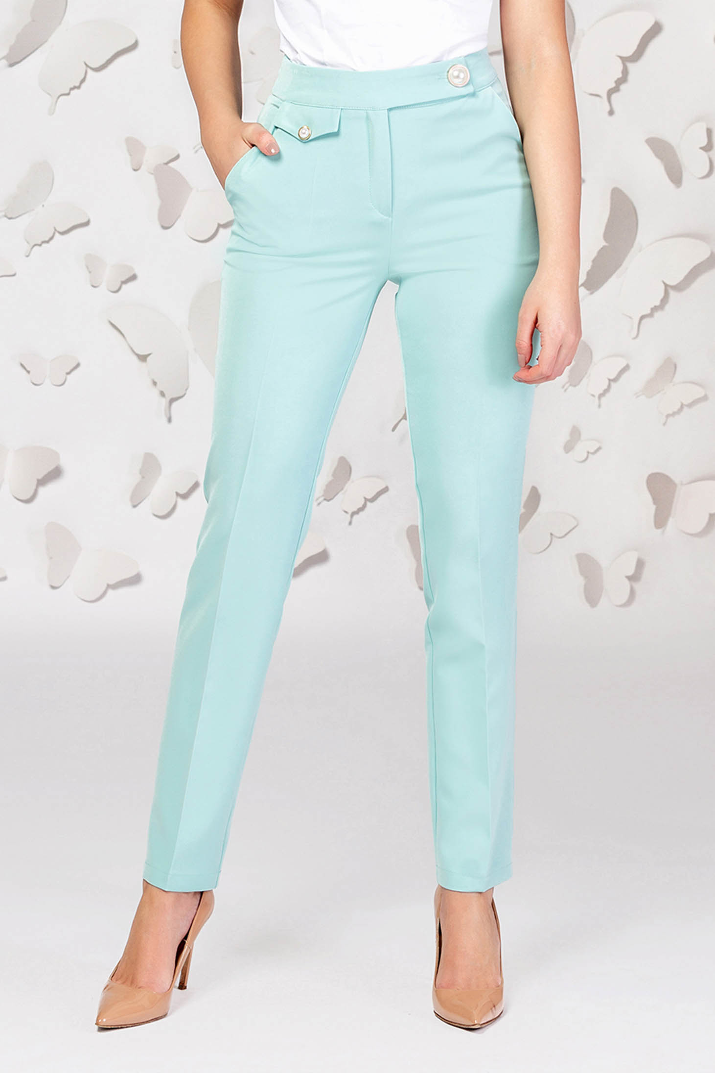 Turquoise conical trousers slightly elastic fabric 5 - StarShinerS.com