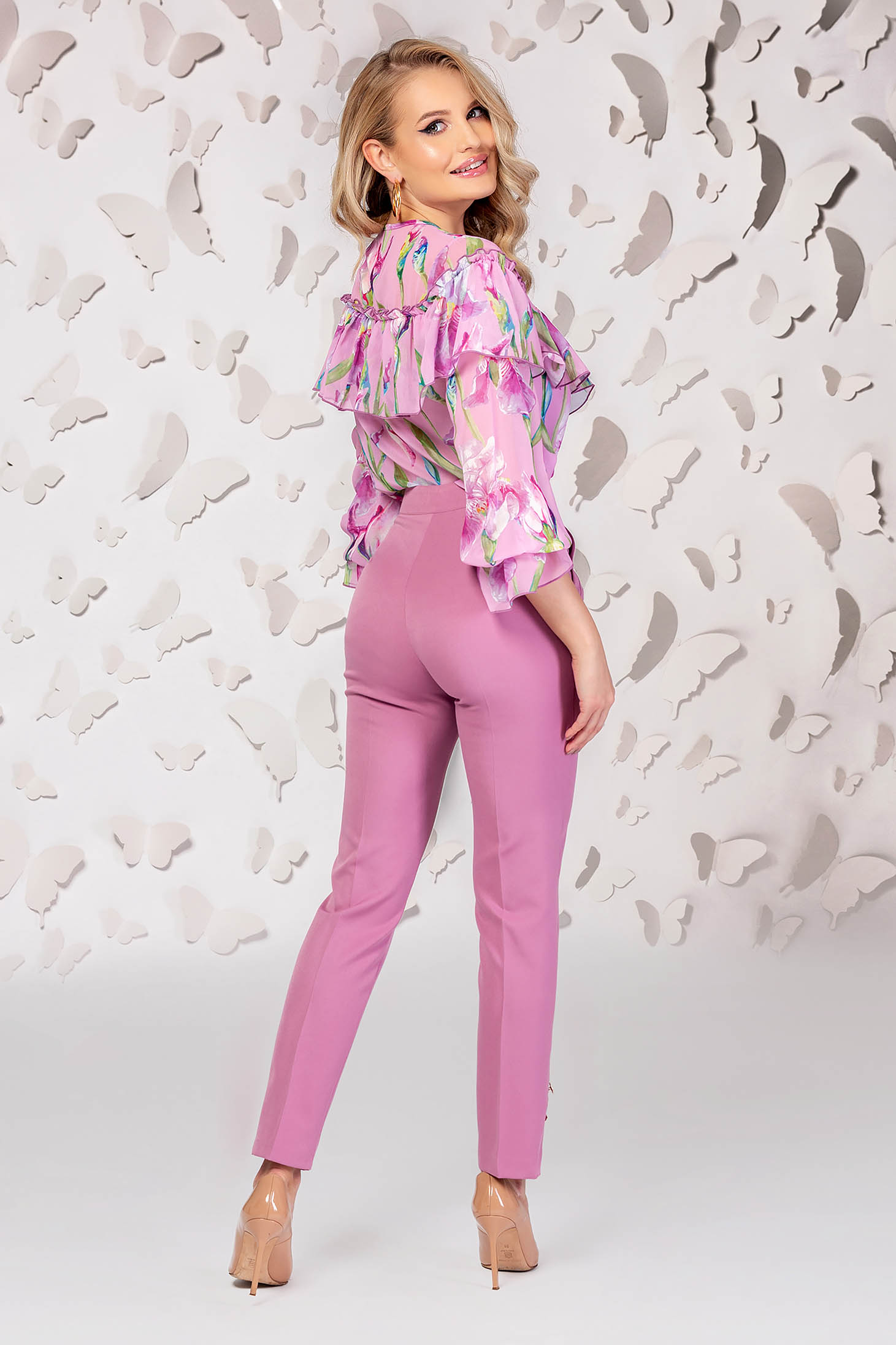 Lightpink trousers elegant straight medium waist with pockets 2 - StarShinerS.com