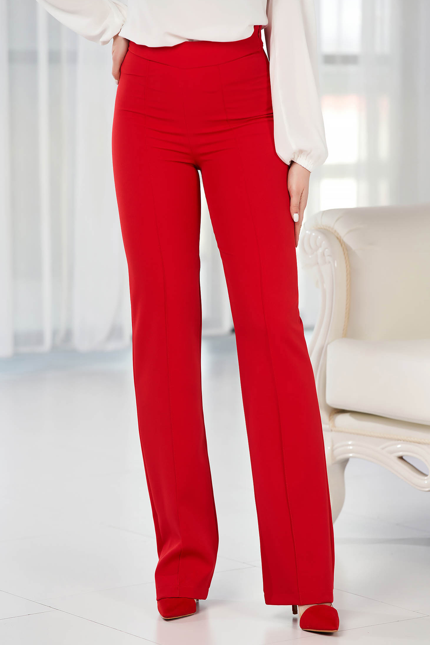 Piros hosszú magas derekú bővülő nadrág enyhén rugalmas szövetből - StarShinerS 6 - StarShinerS.hu