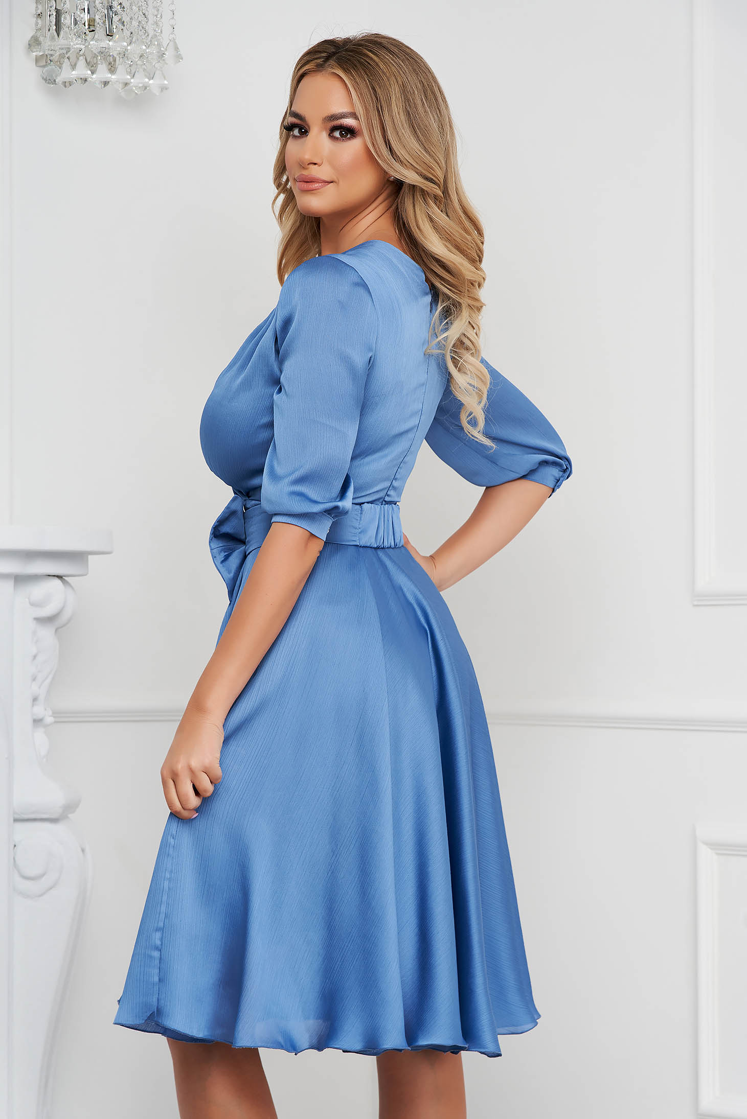Light Blue Satin Voile Midi Flared Dress Accessorized with a Buckle - PrettyGirl 2 - StarShinerS.com