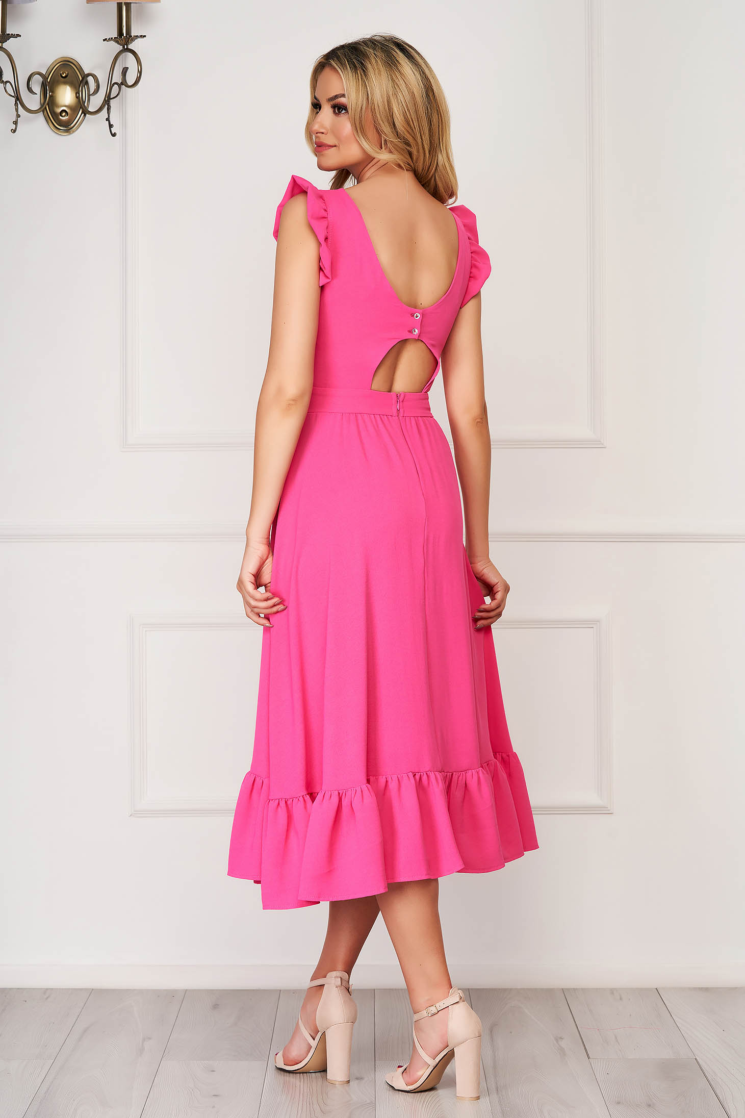 Pink midi A-line dress made of thin fabric with open back - StarShinerS 2 - StarShinerS.com
