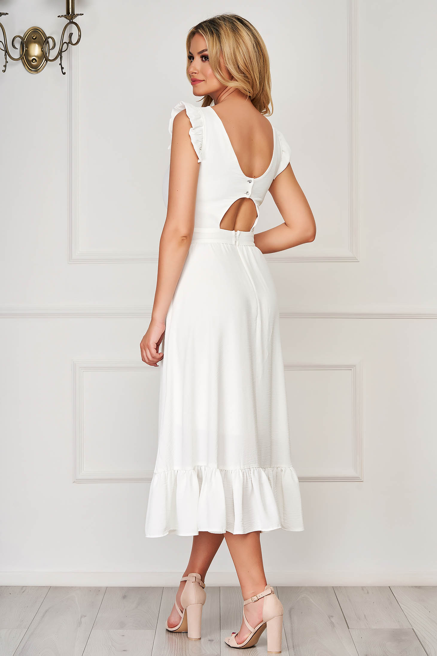 Midi white linen-like thin material dress with a cut-out back - StarShinerS 2 - StarShinerS.com