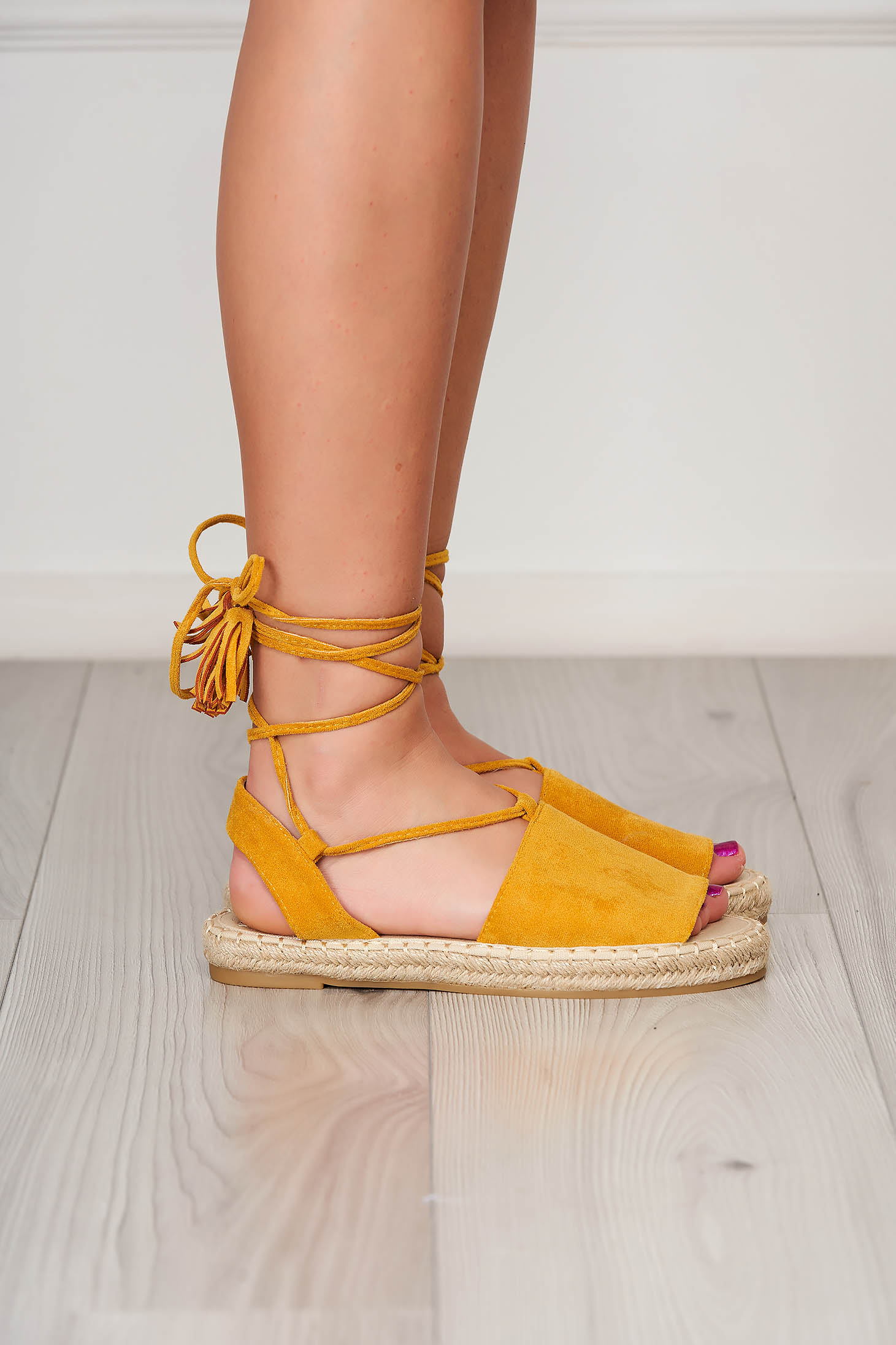 Yellow beach espadrilles made of faux suede with lace 2 - StarShinerS.com