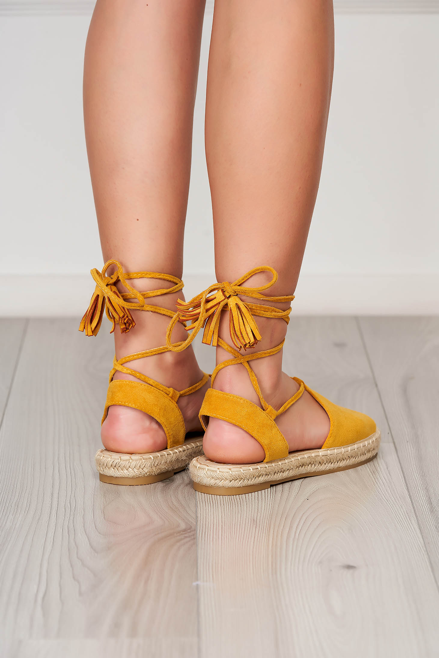 Yellow beach espadrilles made of faux suede with lace 3 - StarShinerS.com