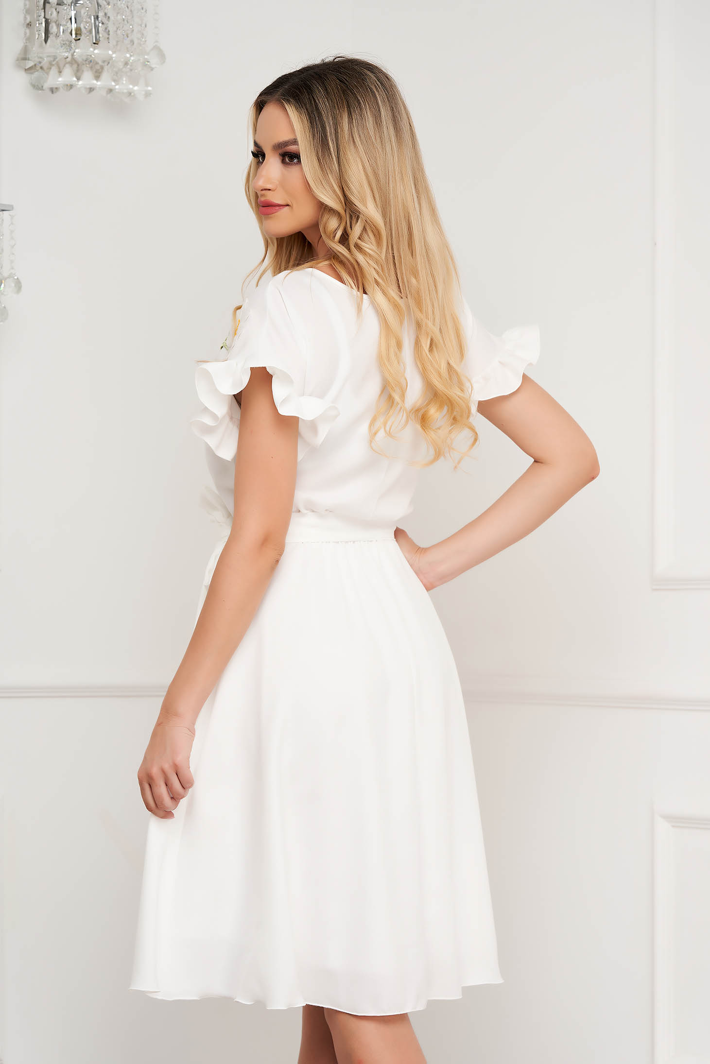 Midi white dress made of stretchy material, A-line cut with ruffles on the sleeves and unique floral embroidery - StarShinerS 2 - StarShinerS.com