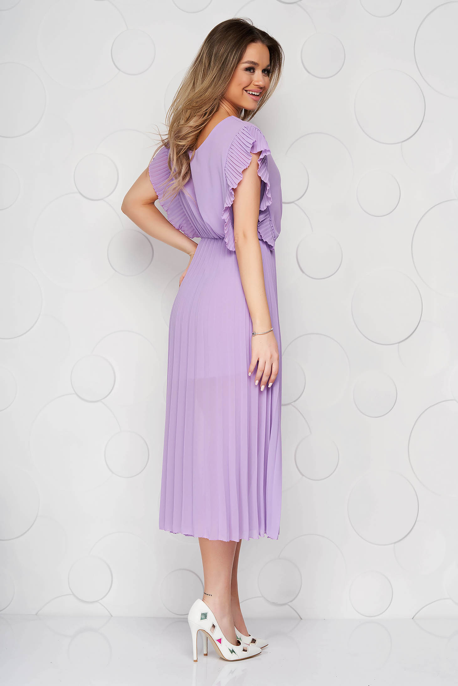 Starshiners Lila Dress Elegant Midi With V Neckline With Elastic Waist Folded Up From Veil Fabric 3410