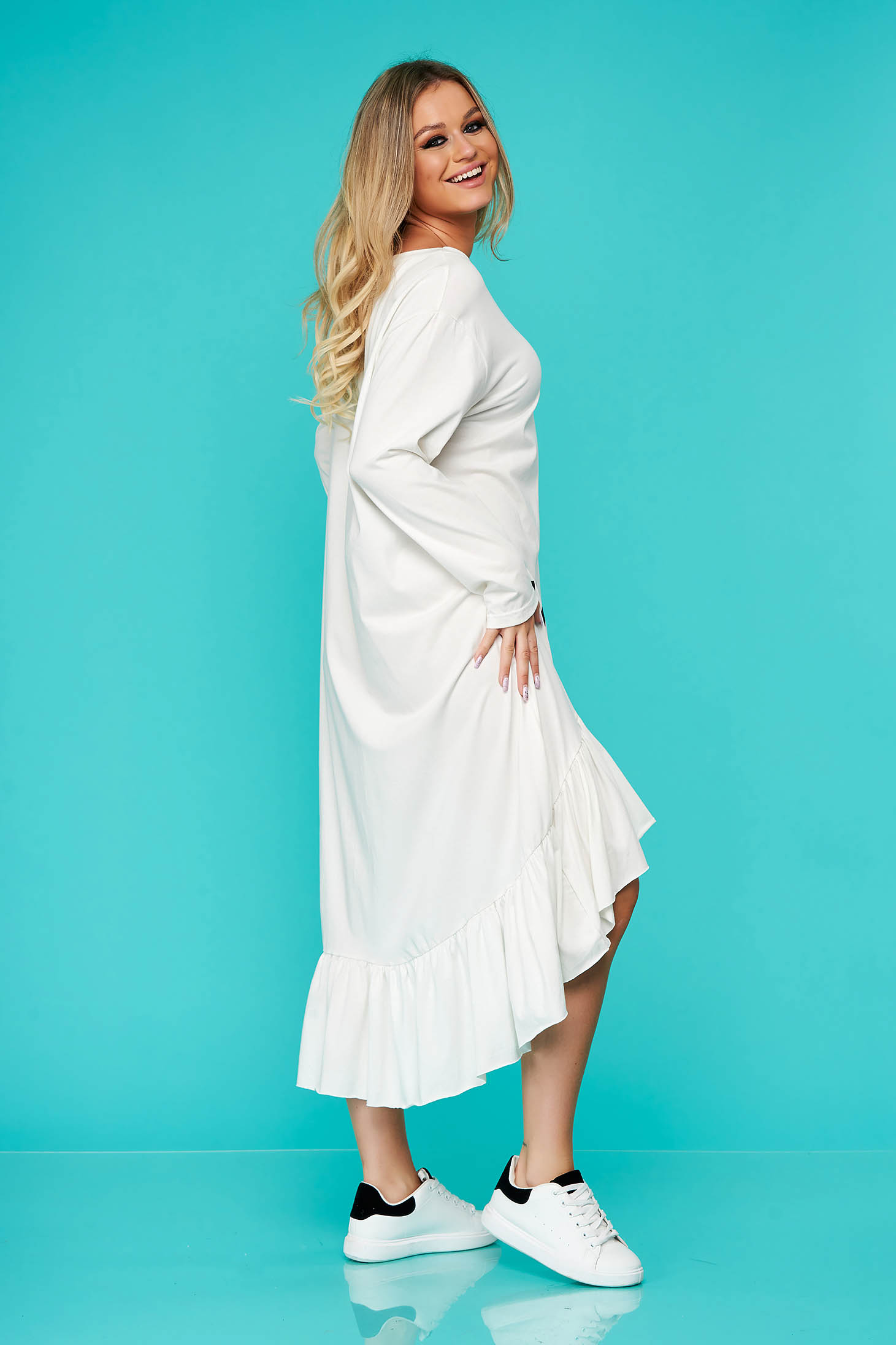 White dress midi daily flared cotton long sleeved 2 - StarShinerS.com