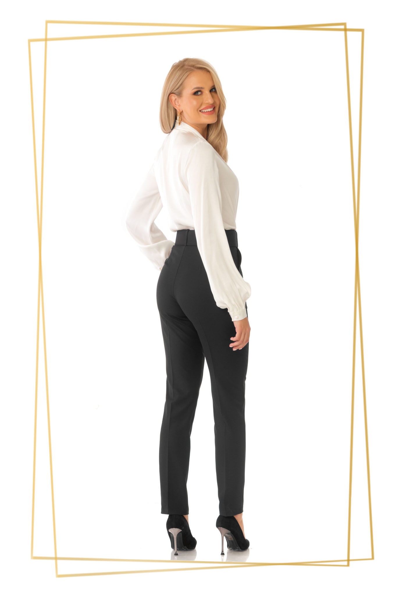 Pantaloni PrettyGirl negri office conici cu talie inalta din stofa usor elastica cu accesoriu tip curea 2 - StarShinerS.ro