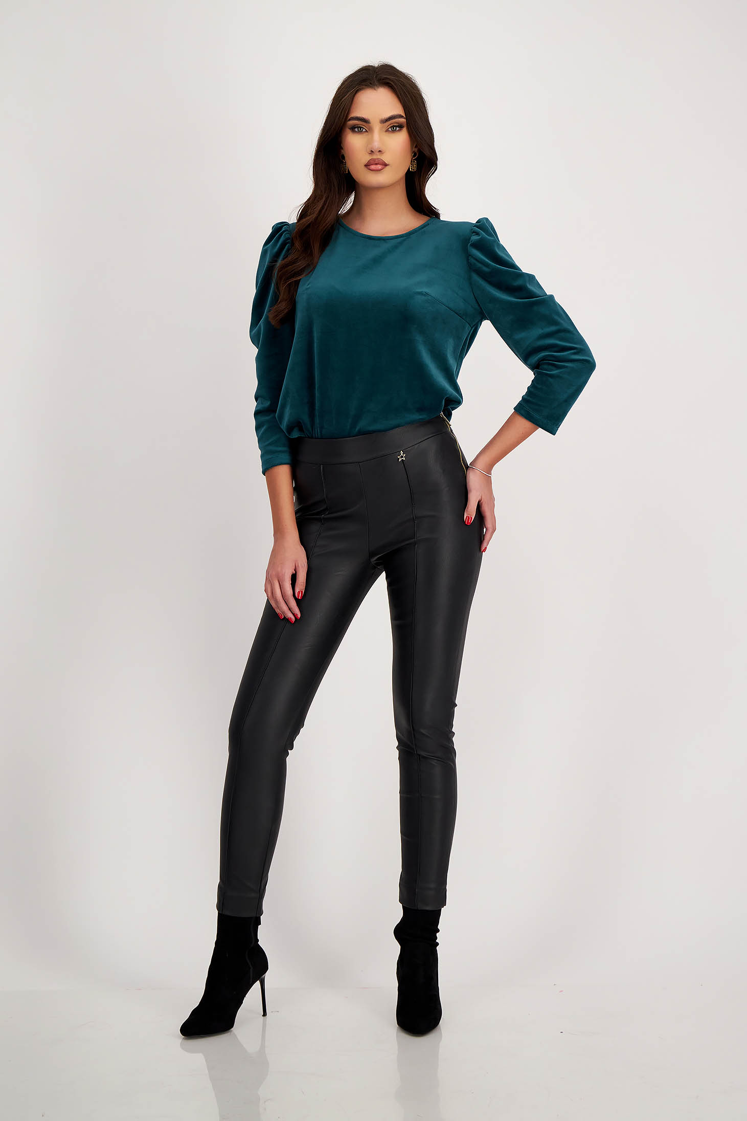 Black tapered high waist faux leather pants - StarShinerS 5 - StarShinerS.com