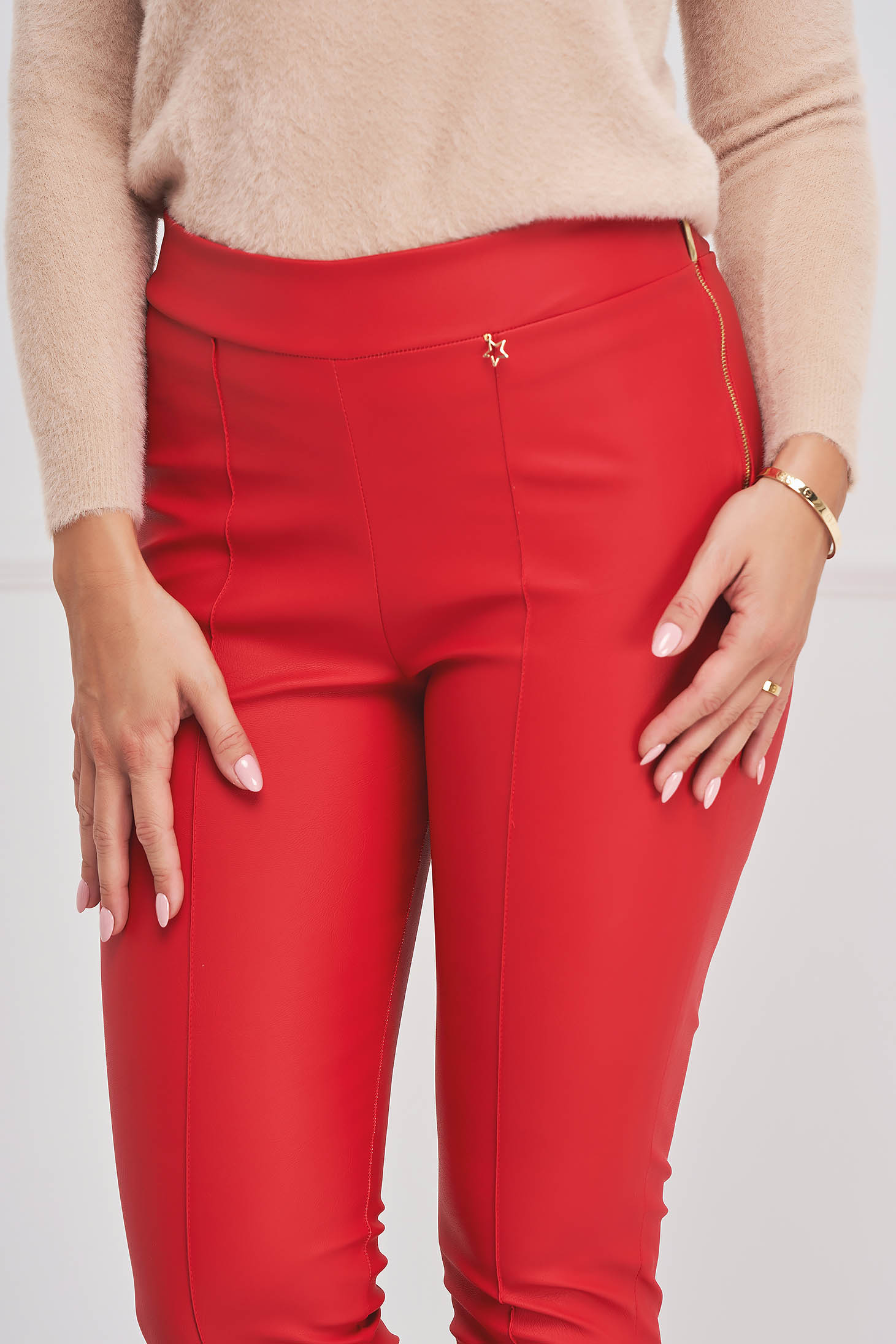 Pantaloni din piele ecologica rosii conici cu talie inalta - StarShinerS 4 - StarShinerS.ro