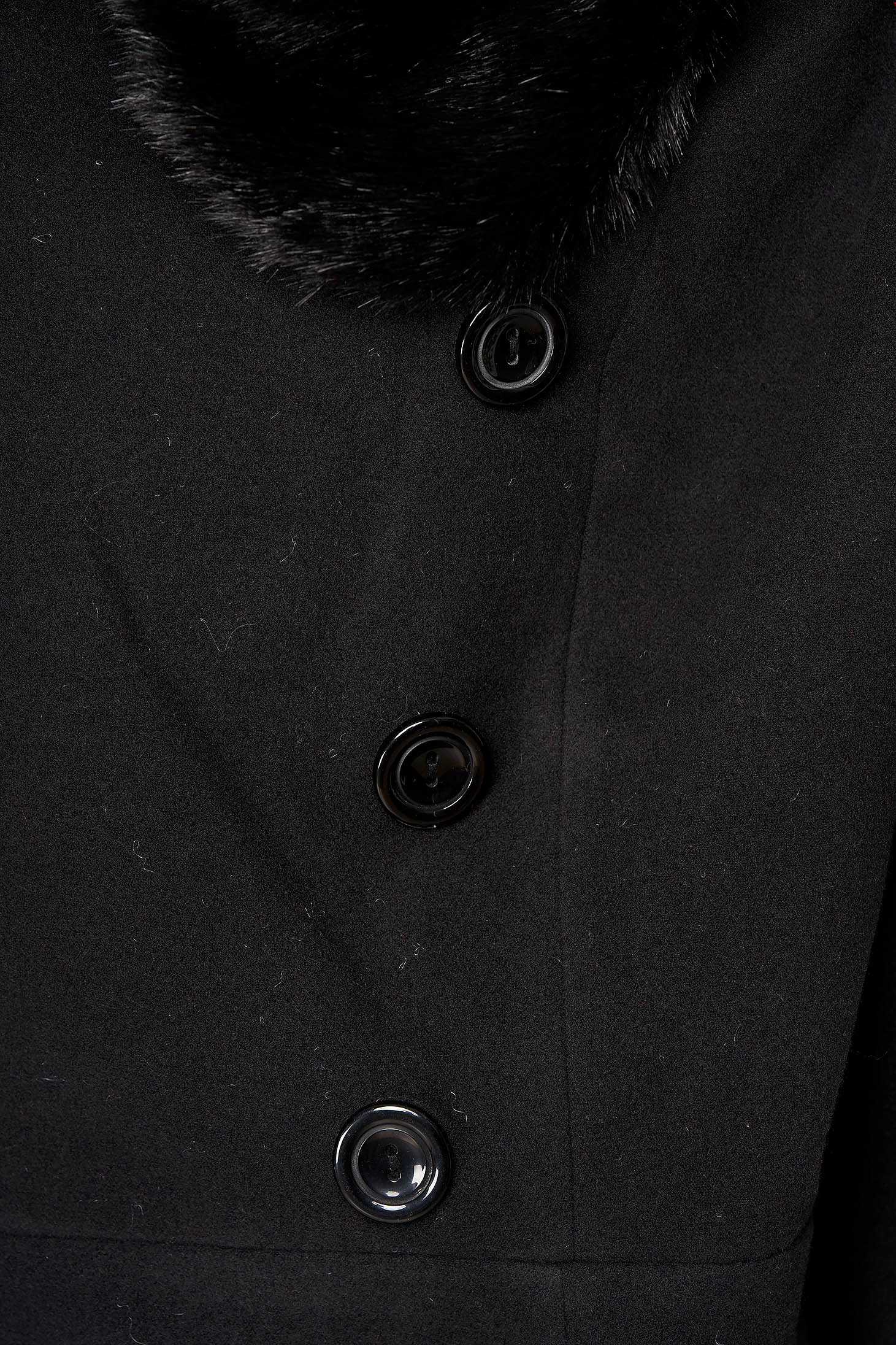 Fekete elegáns rövid harang kabát gyapjúból és szőrme gallérral 4 - StarShinerS.hu