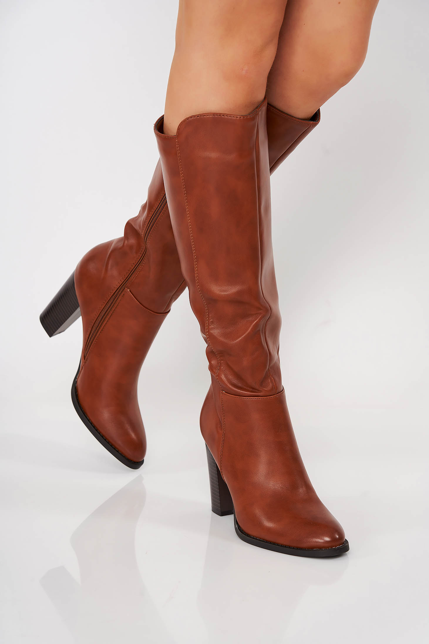 Brown office boots from ecological leather chunky heel