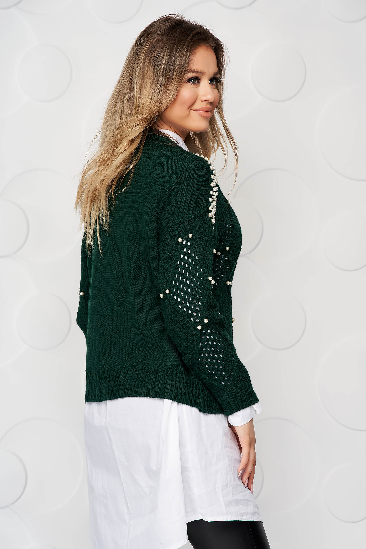 Zöld casual bő szabású kötött pulóver gyöngy díszítéssel 2 - StarShinerS.hu
