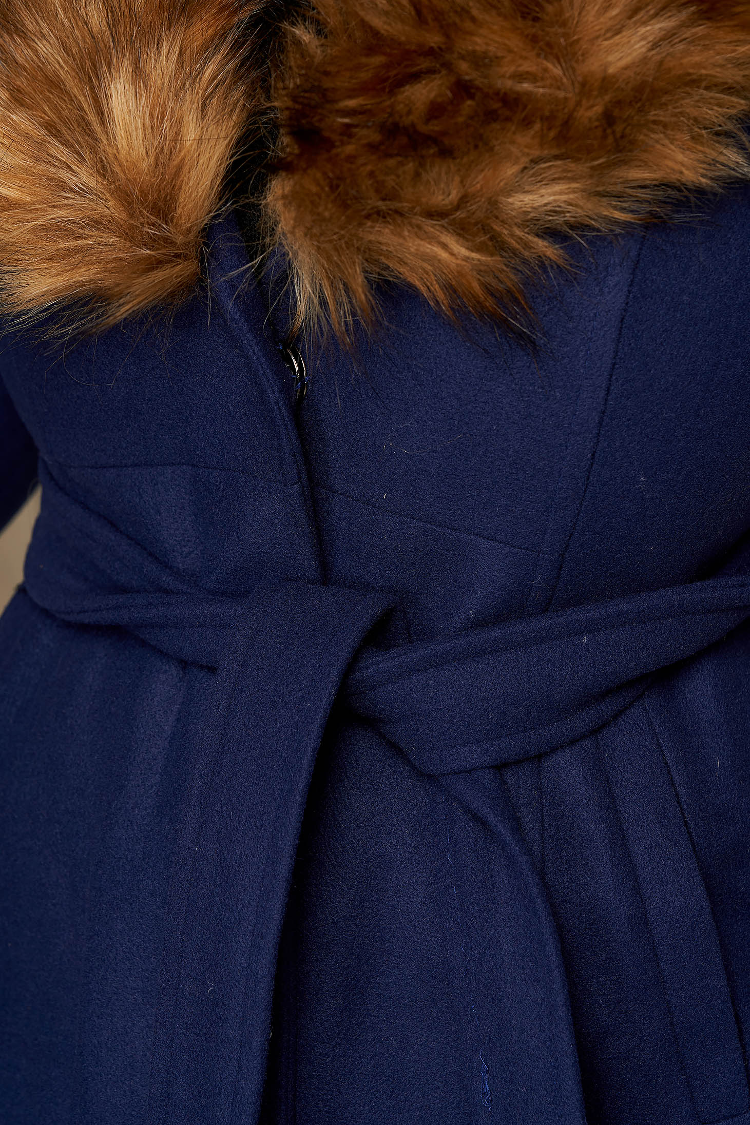 Kék szőrme galléros zsebes elegáns harang kabát gyapjúból 4 - StarShinerS.hu