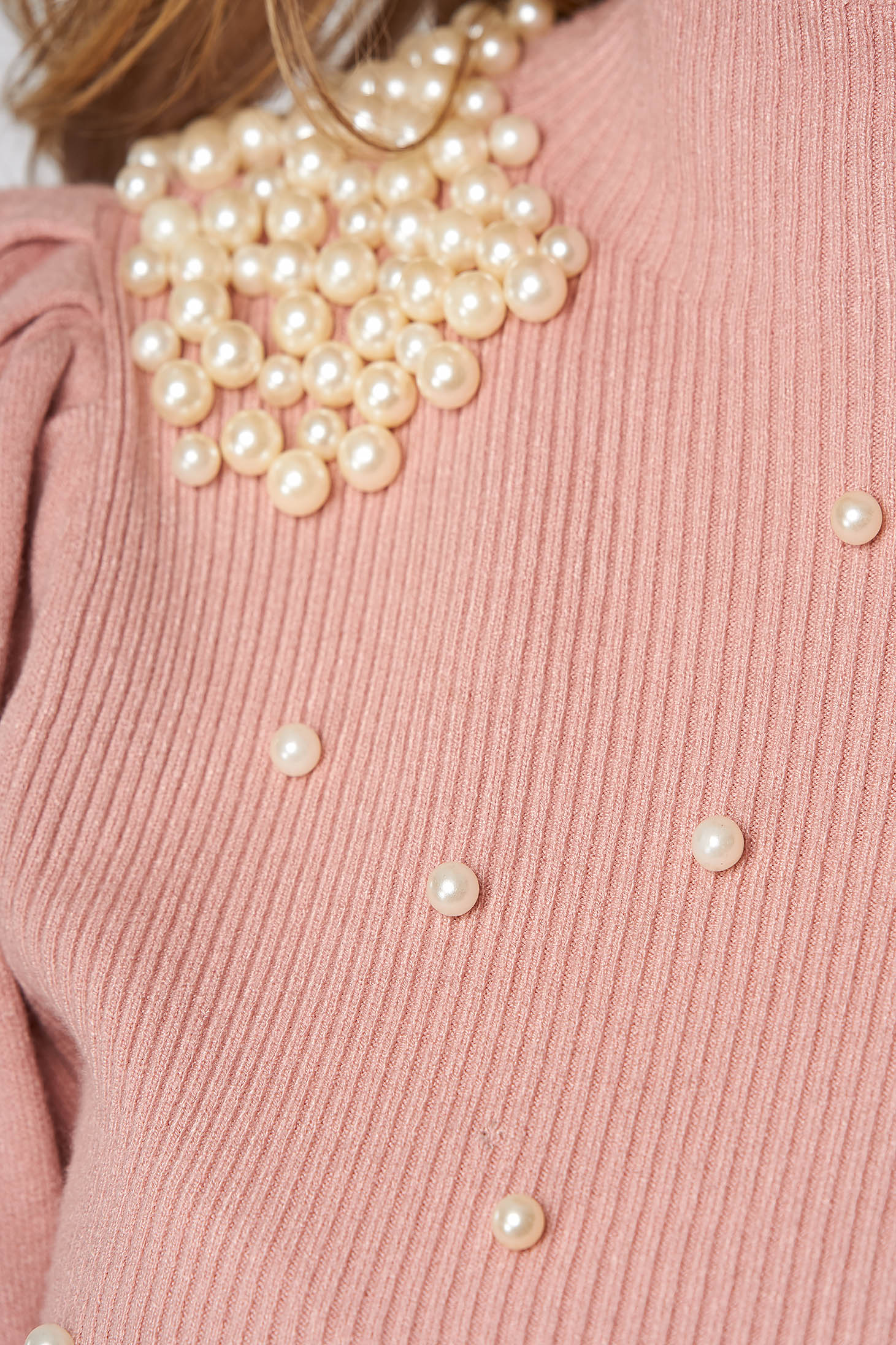Lightpink sweater with pearls from elastic and fine fabric with turtle neck tented from striped fabric 4 - StarShinerS.com