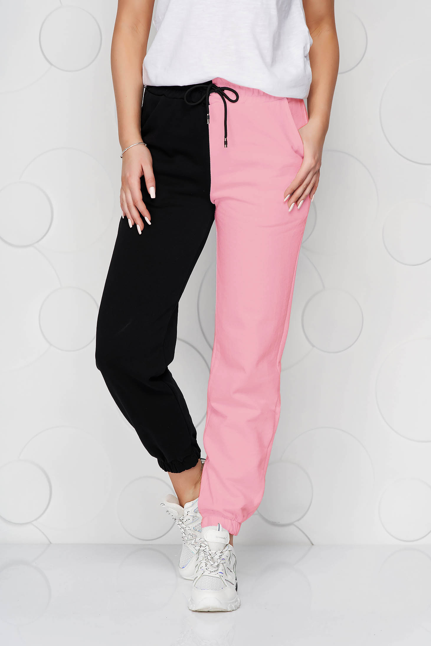 Pantaloni SunShine roz din bumbac cu talie inalta cu elastic in talie 2 - StarShinerS.ro