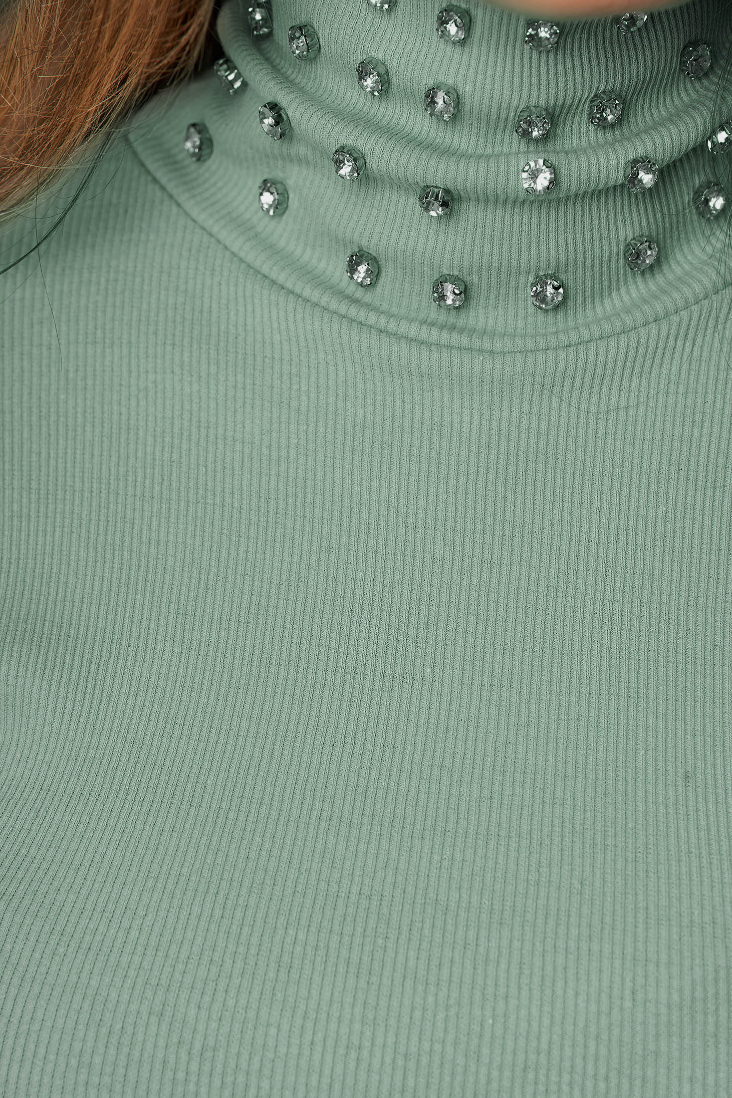 Mint women`s blouse knitted from striped fabric tented crystal inscriptions high collar 4 - StarShinerS.com