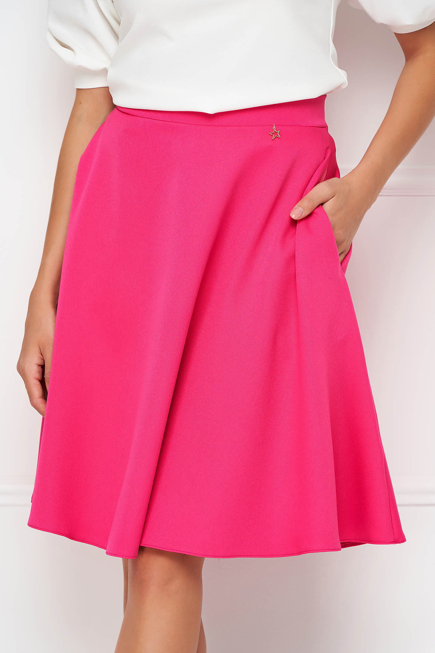 Fuchsia Slightly Stretchy Fabric Skirt in A-line with Pockets - StarShinerS 5 - StarShinerS.com