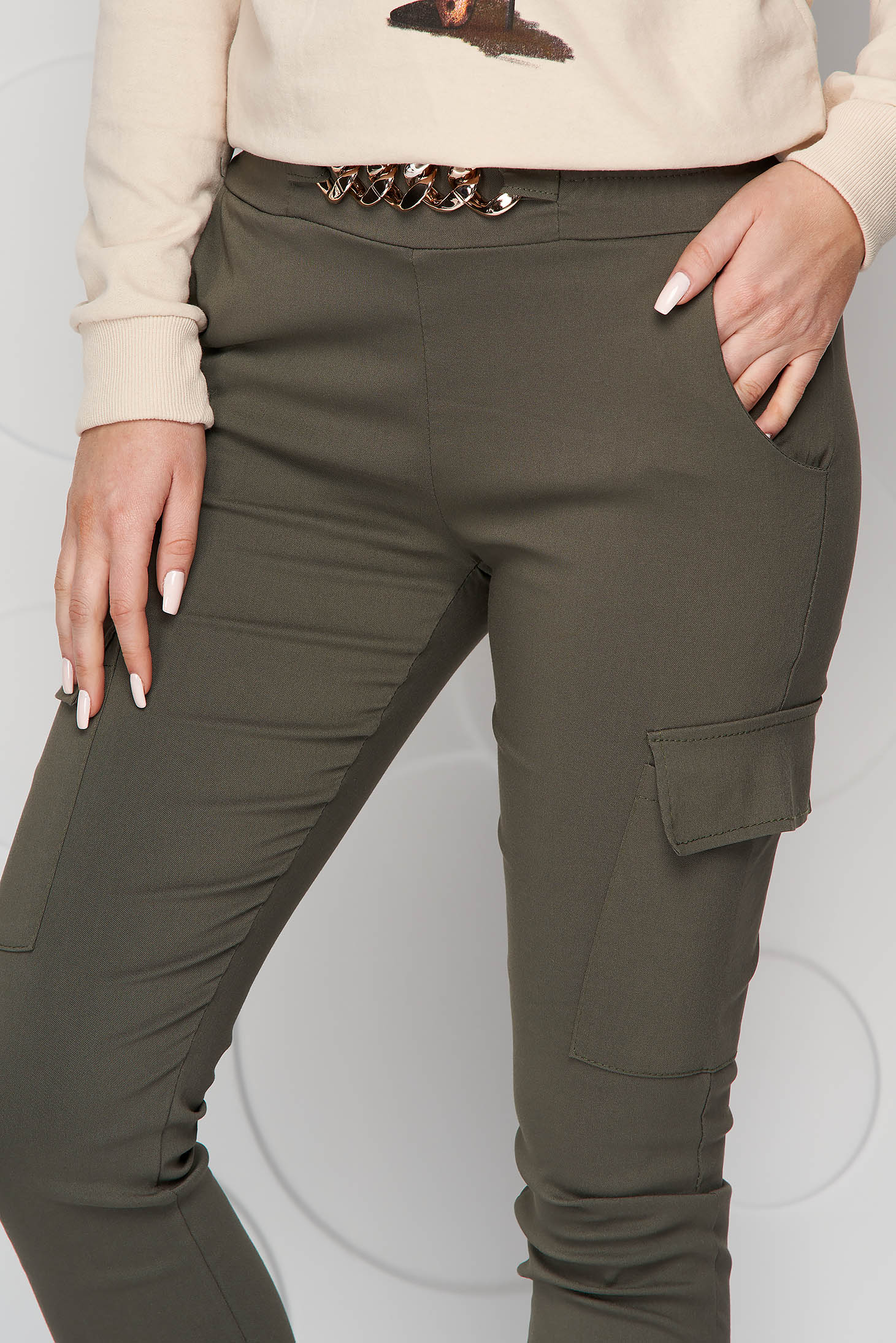 Khaki trousers conical with pockets with elastic waist with metalic accessory 3 - StarShinerS.com