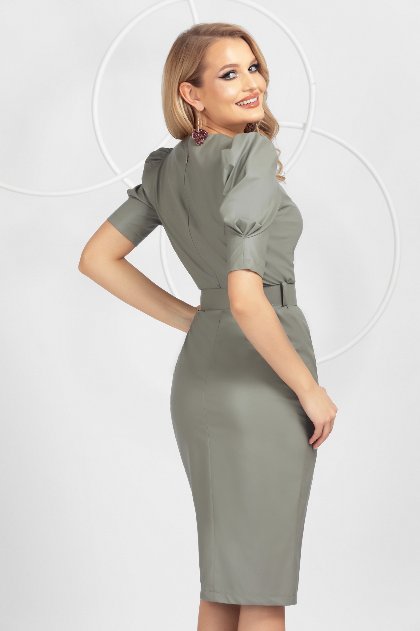 Grey pencil from ecological leather dress top wrinkled sleeves frontal slit