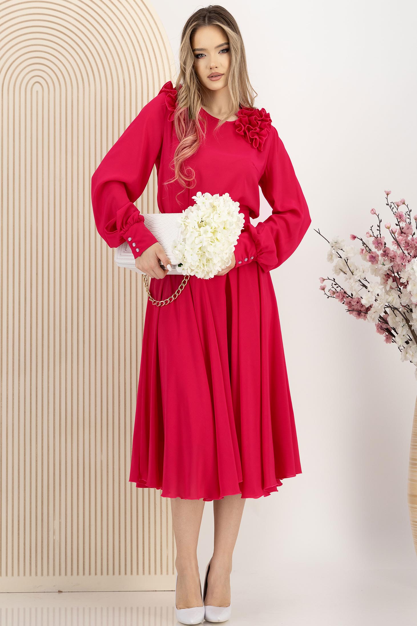 Fusta din voal fuchsia midi in clos cu talie inalta - StarShinerS 2 - StarShinerS.ro