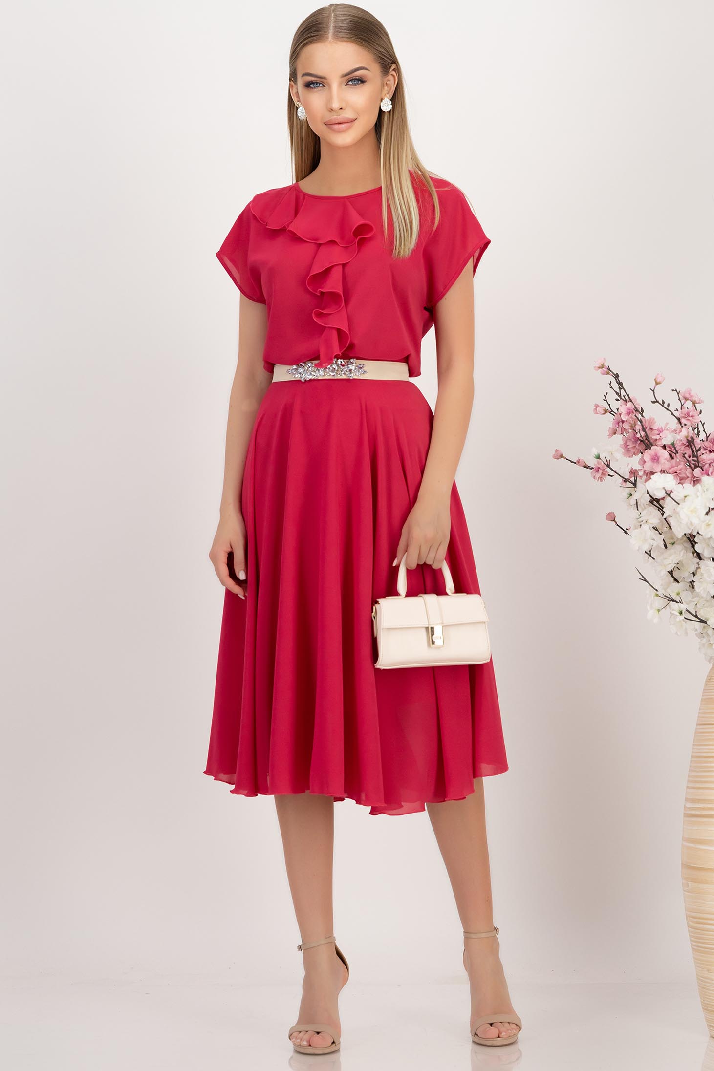 Fusta din voal fuchsia midi in clos cu talie inalta - StarShinerS 2 - StarShinerS.ro