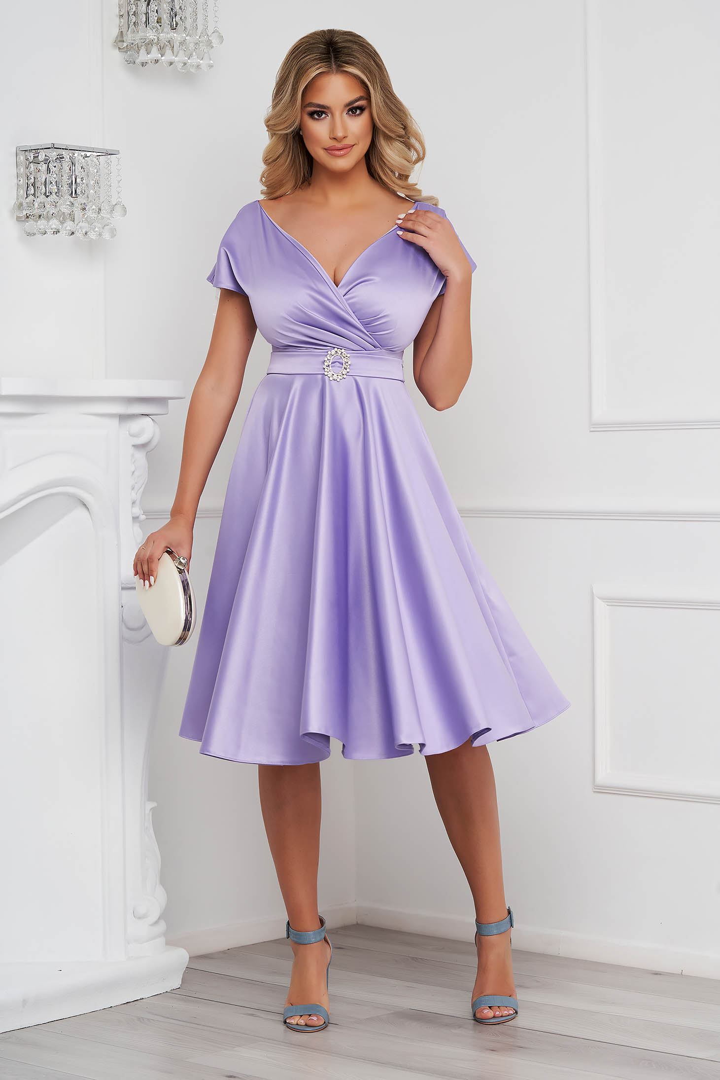 Lilac Taffeta Midi Dress with Wrapover Neckline - PrettyGirl 3 - StarShinerS.com