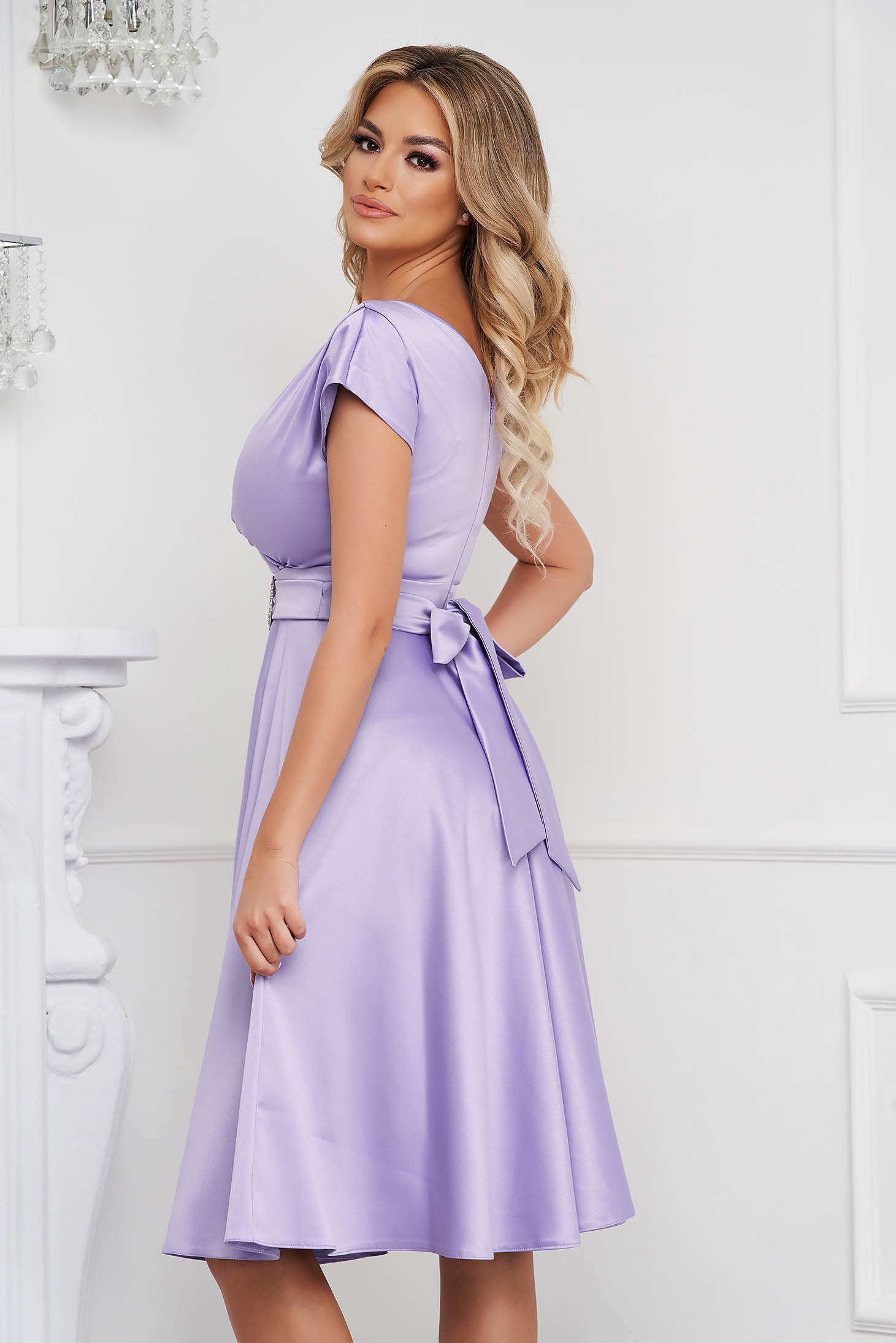 Lilac Taffeta Midi Dress with Wrapover Neckline - PrettyGirl 2 - StarShinerS.com