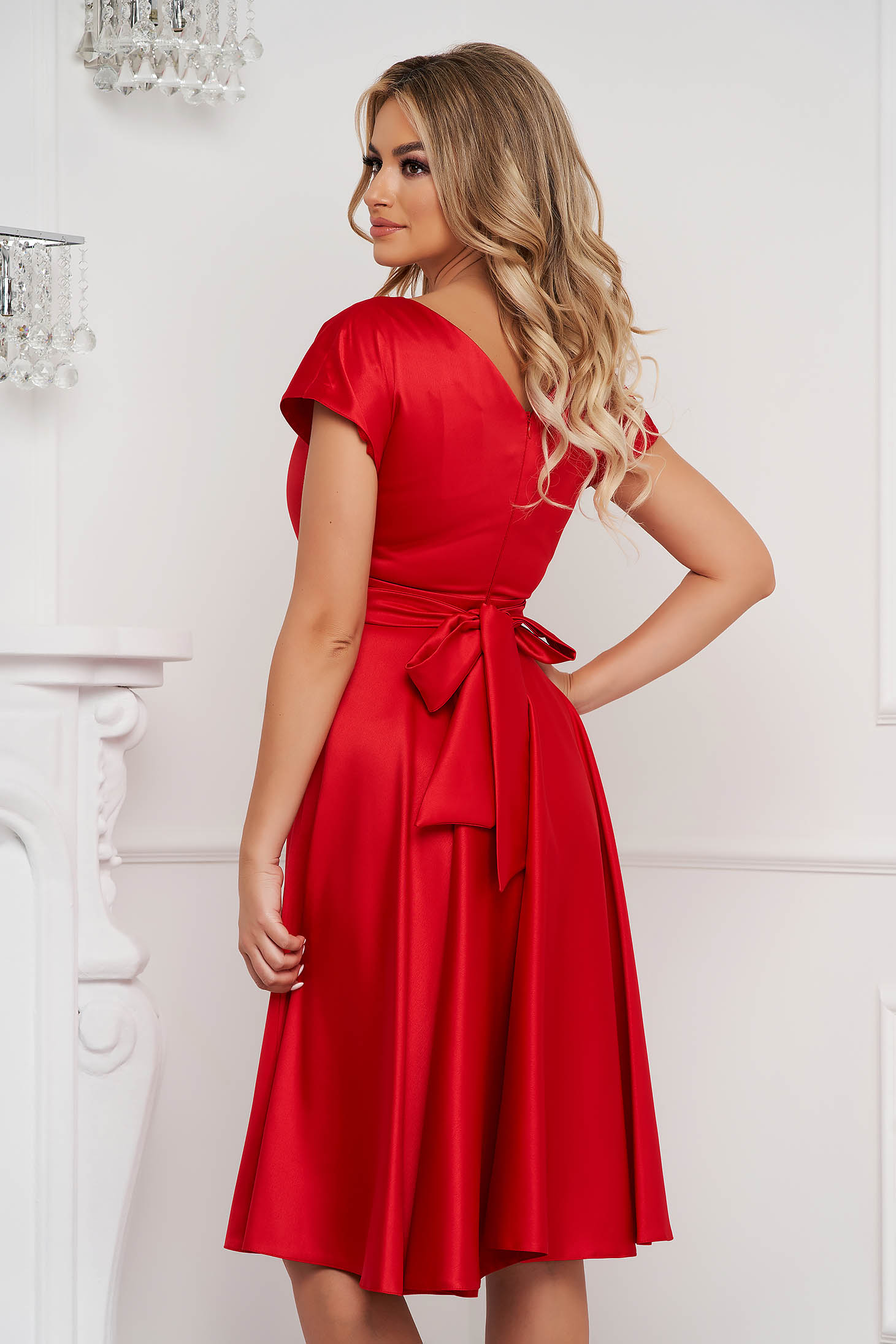 Red Taffeta Midi Flared Dress with Crossover Neckline - PrettyGirl 2 - StarShinerS.com