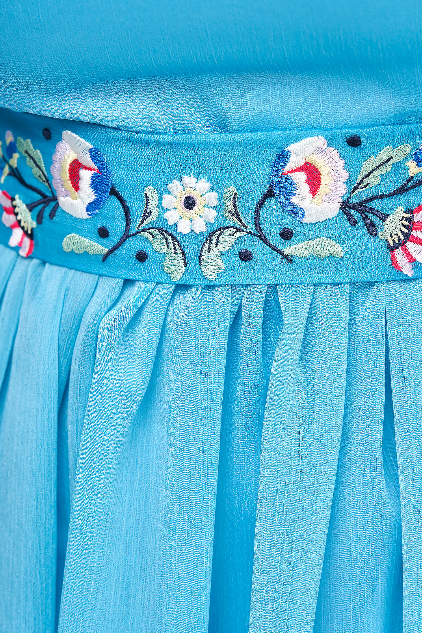 Light blue airy midi dress in cloche with floral embroidery made in our own workshops - StarShinerS 5 - StarShinerS.com