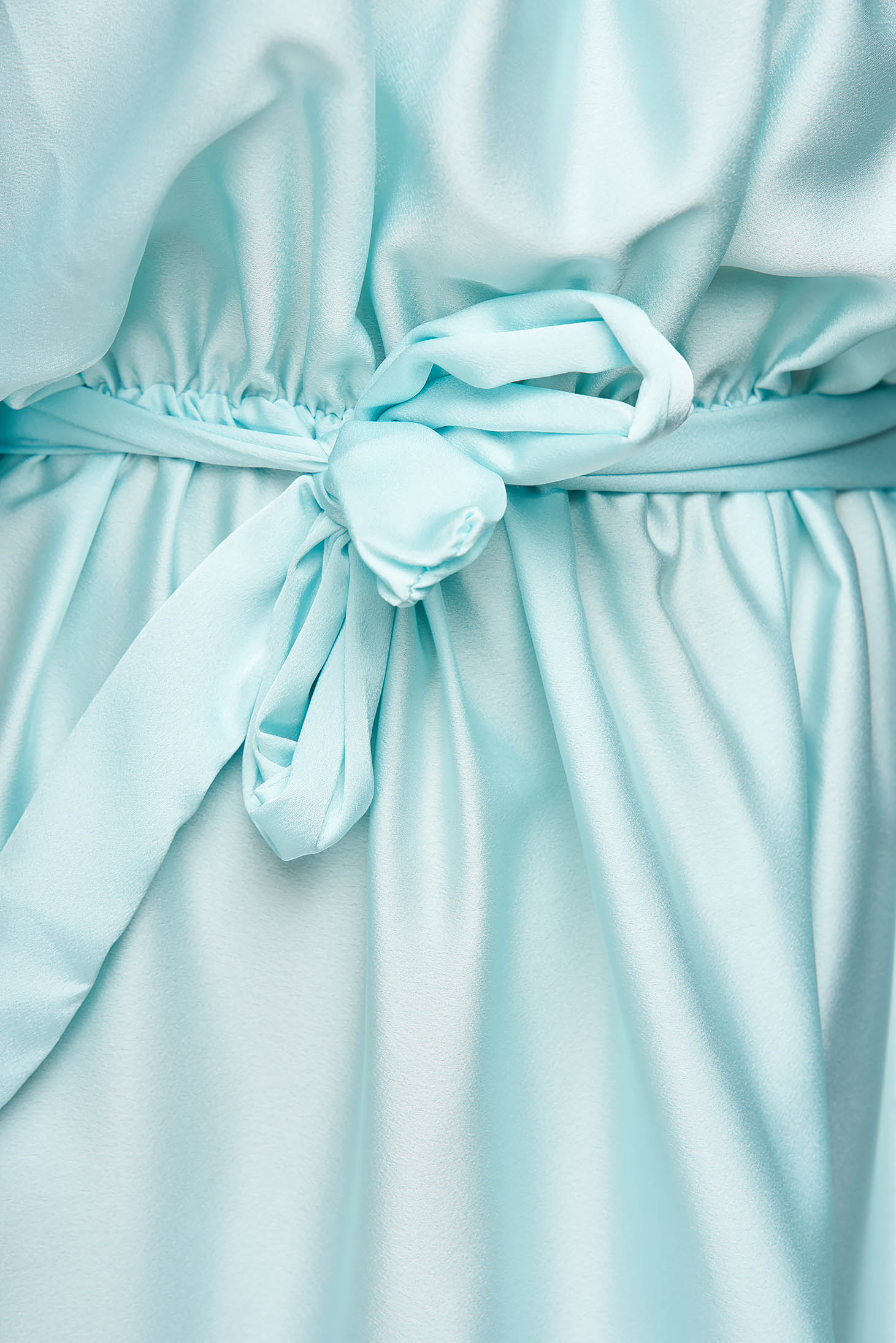Aqua dress from satin cloche with elastic waist asymmetrical with ruffle details on the shoulders 4 - StarShinerS.com