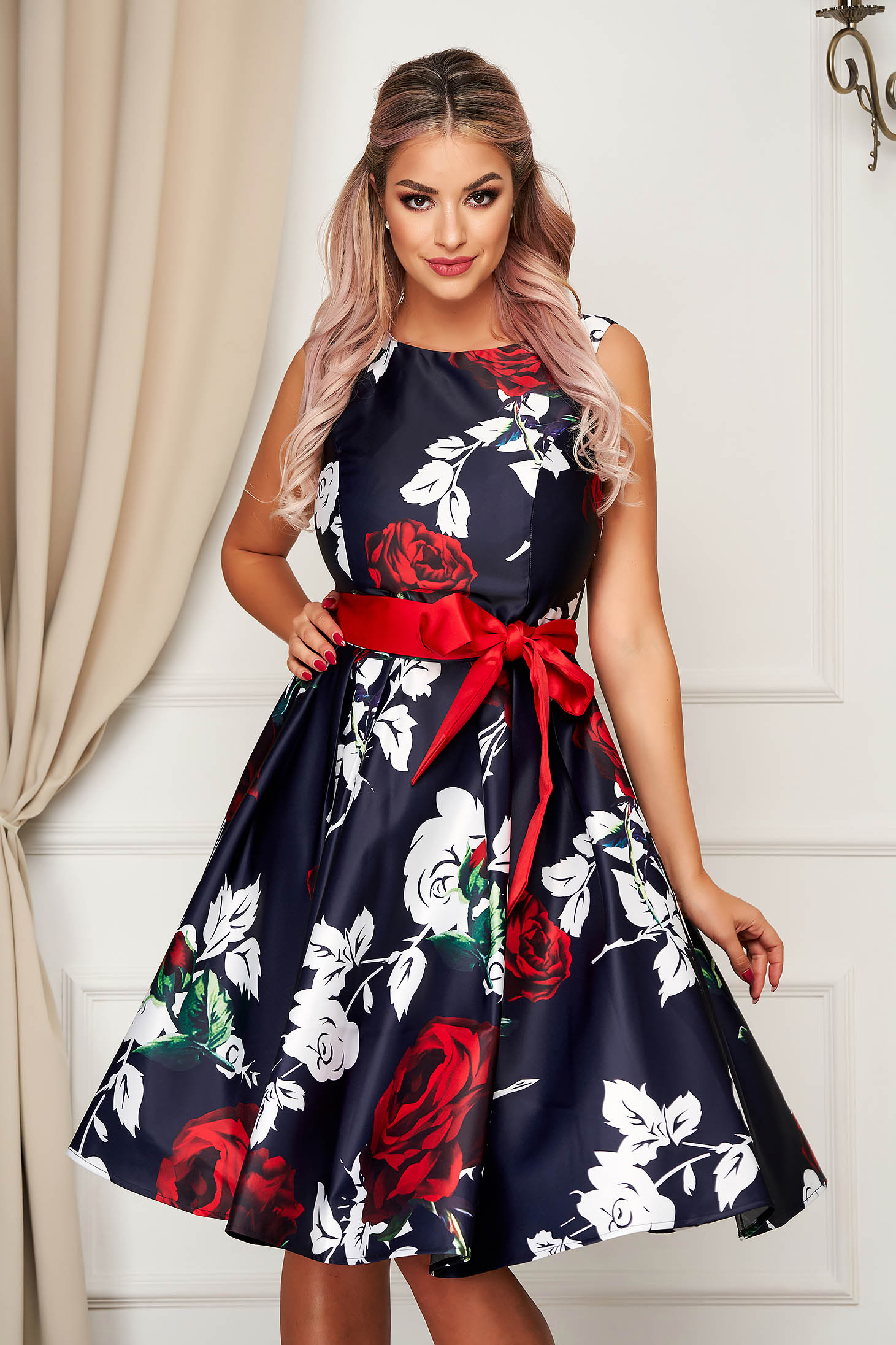 Dress from satin occasional cloche with floral print 1 - StarShinerS.com