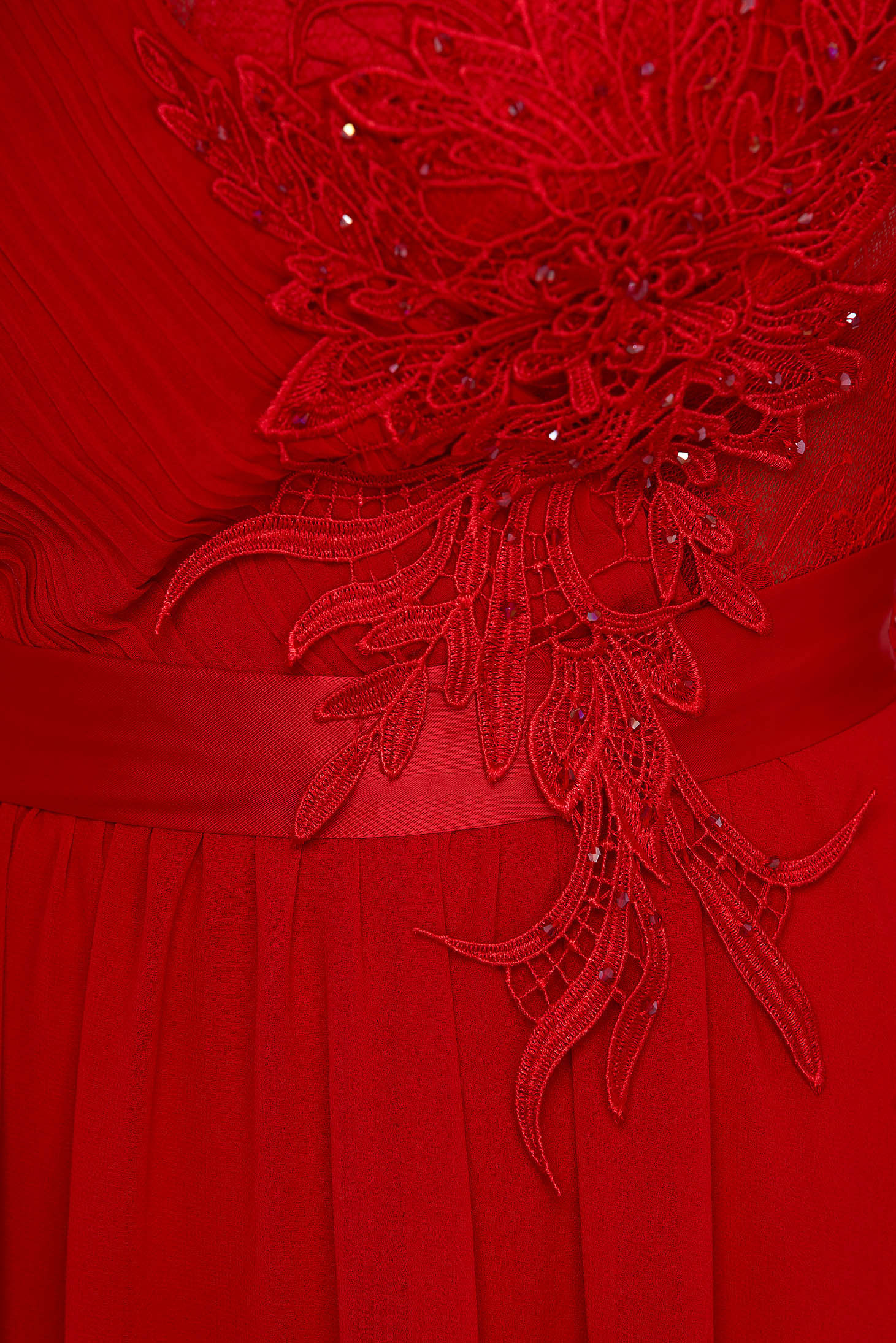 Piros mellrésznél szivacsos hosszú alkalmi muszlin harang ruha csipke díszítéssel 4 - StarShinerS.hu