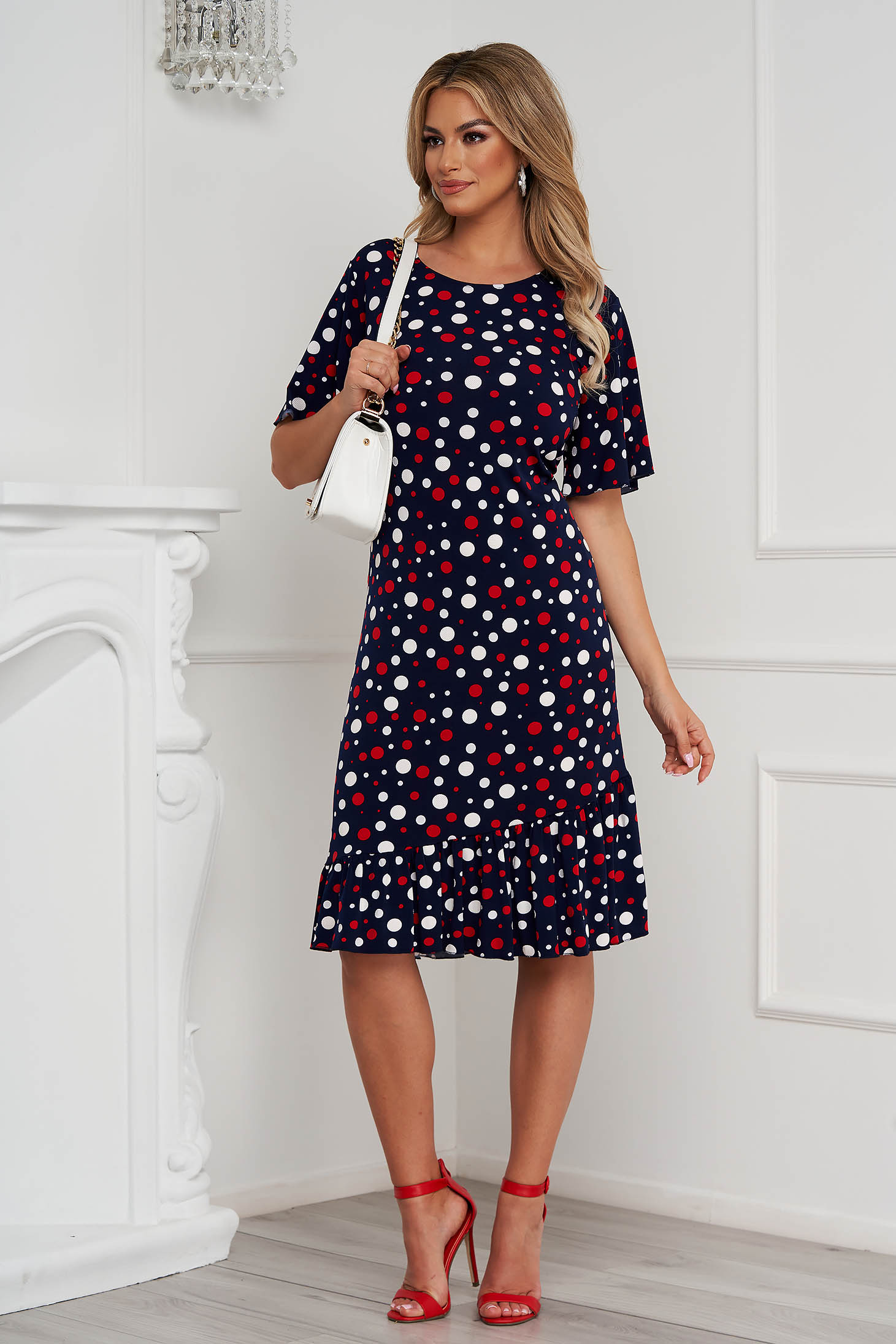 Dress midi straight from elastic fabric with ruffle details dots print 3 - StarShinerS.com