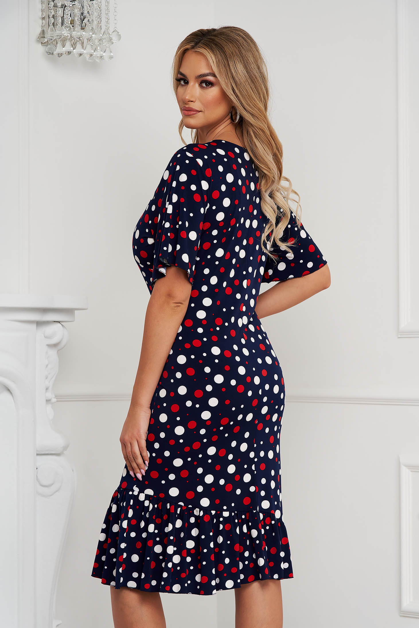 Dress midi straight from elastic fabric with ruffle details dots print 2 - StarShinerS.com