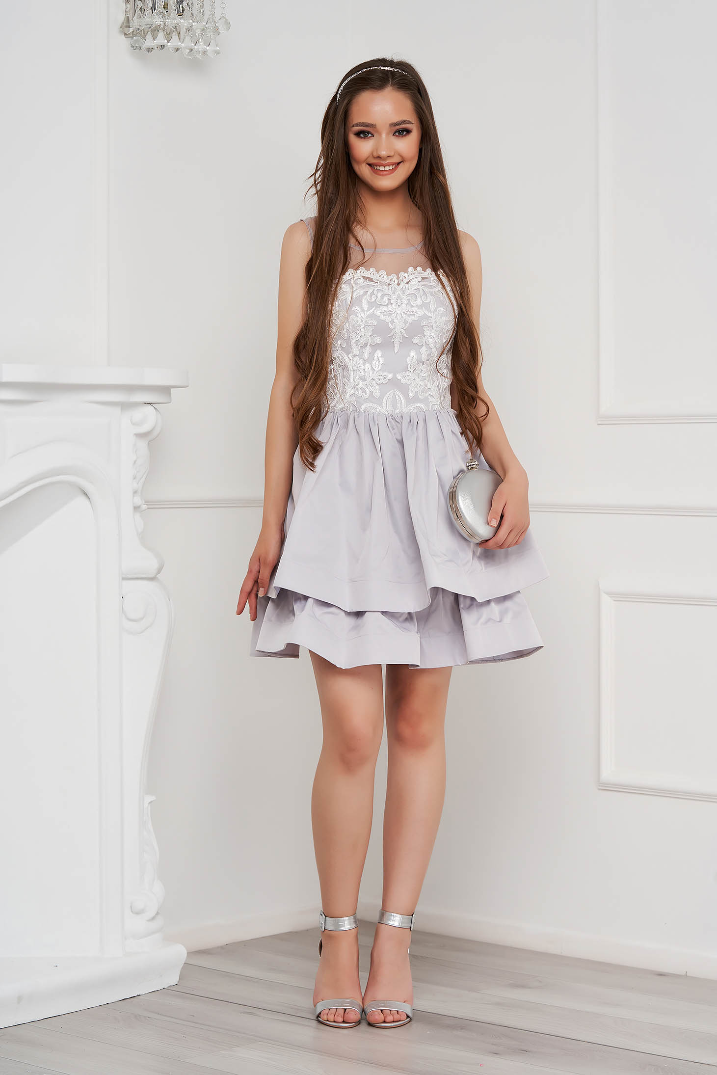 Grey Satin Short A-Line Dress with Sequin and Lace Appliques - Lady Pandora 3 - StarShinerS.com