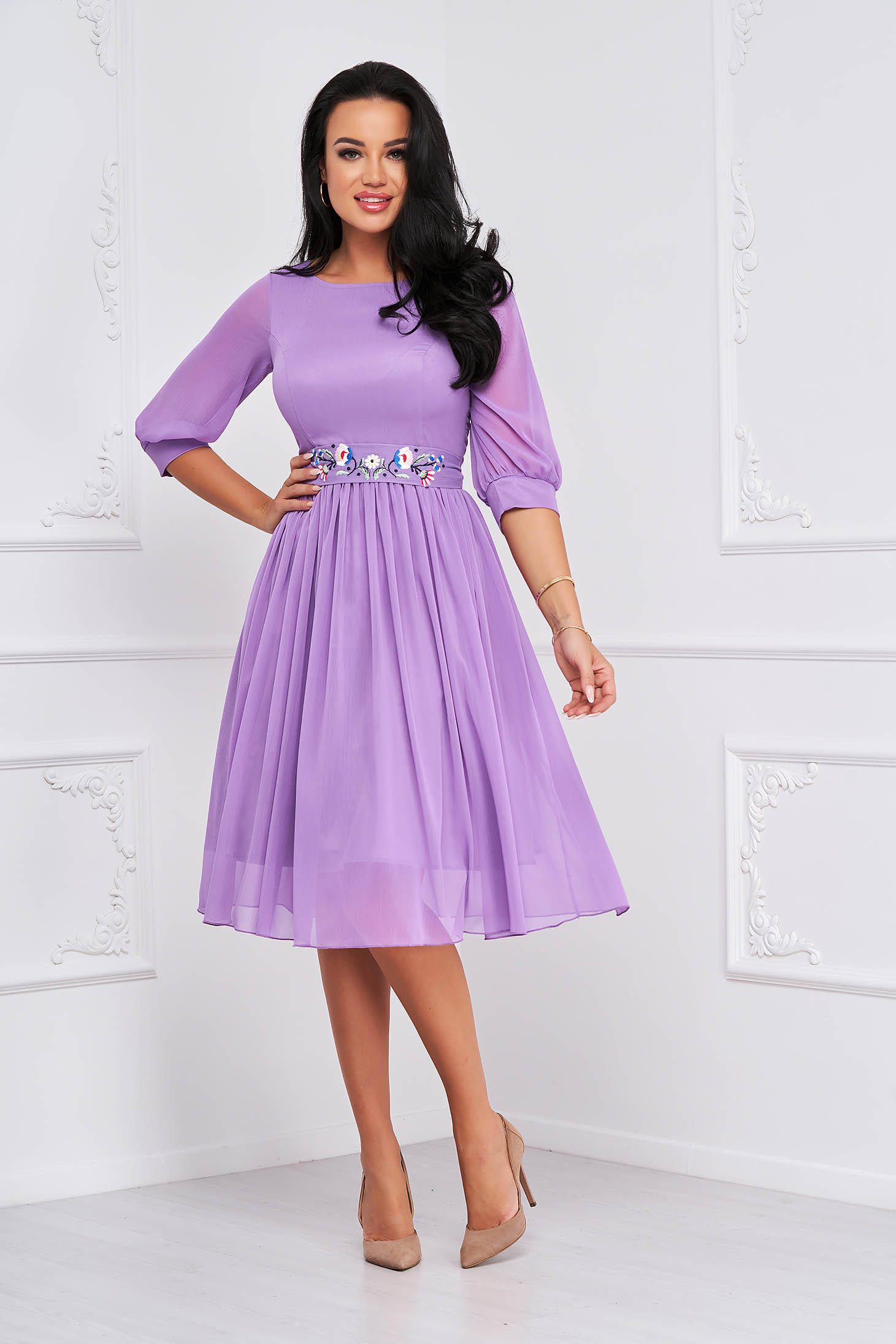 Flowy dress in light purple midi a-line with floral embroidery made in our own workshops - StarShinerS 3 - StarShinerS.com