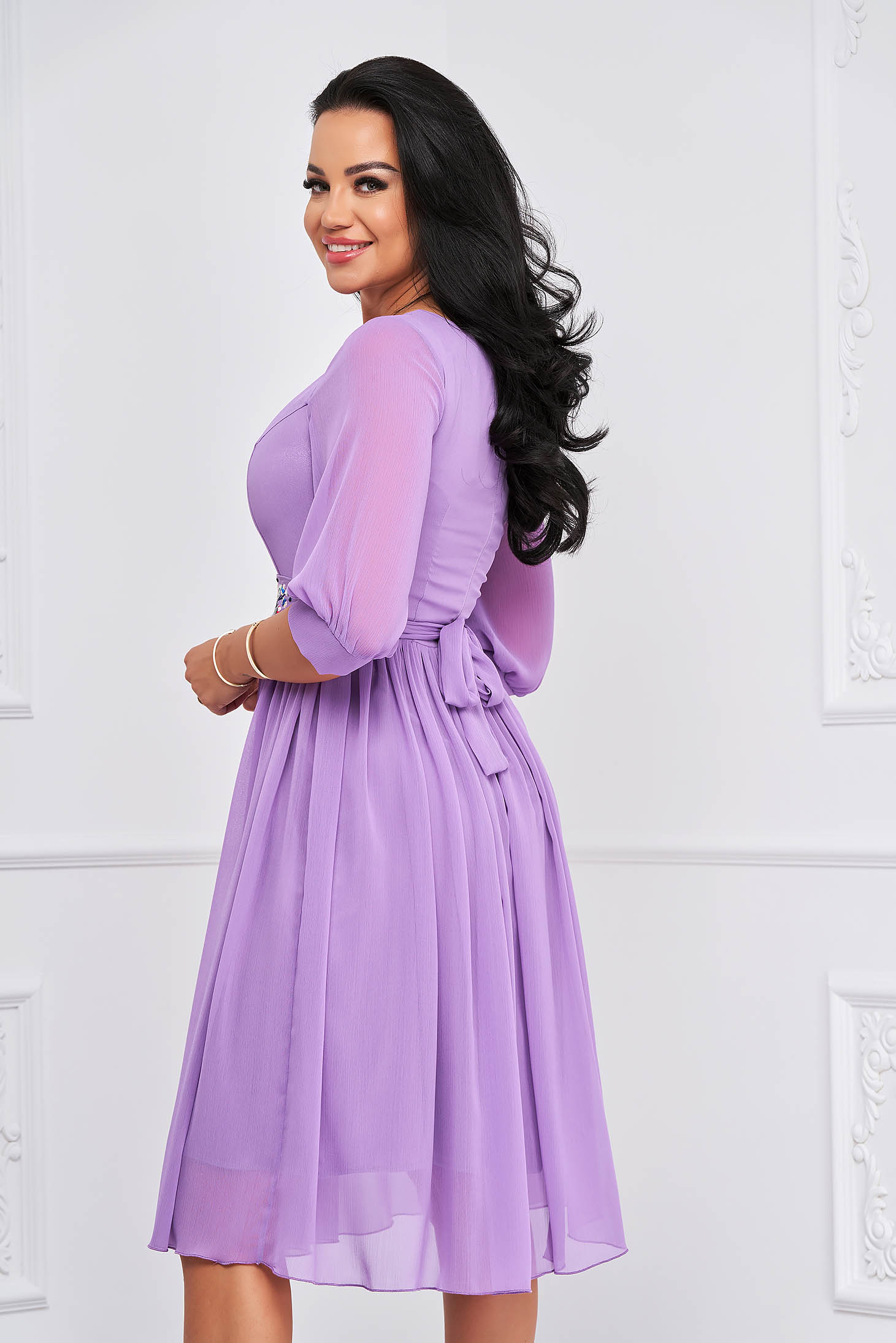 Flowy dress in light purple midi a-line with floral embroidery made in our own workshops - StarShinerS 2 - StarShinerS.com