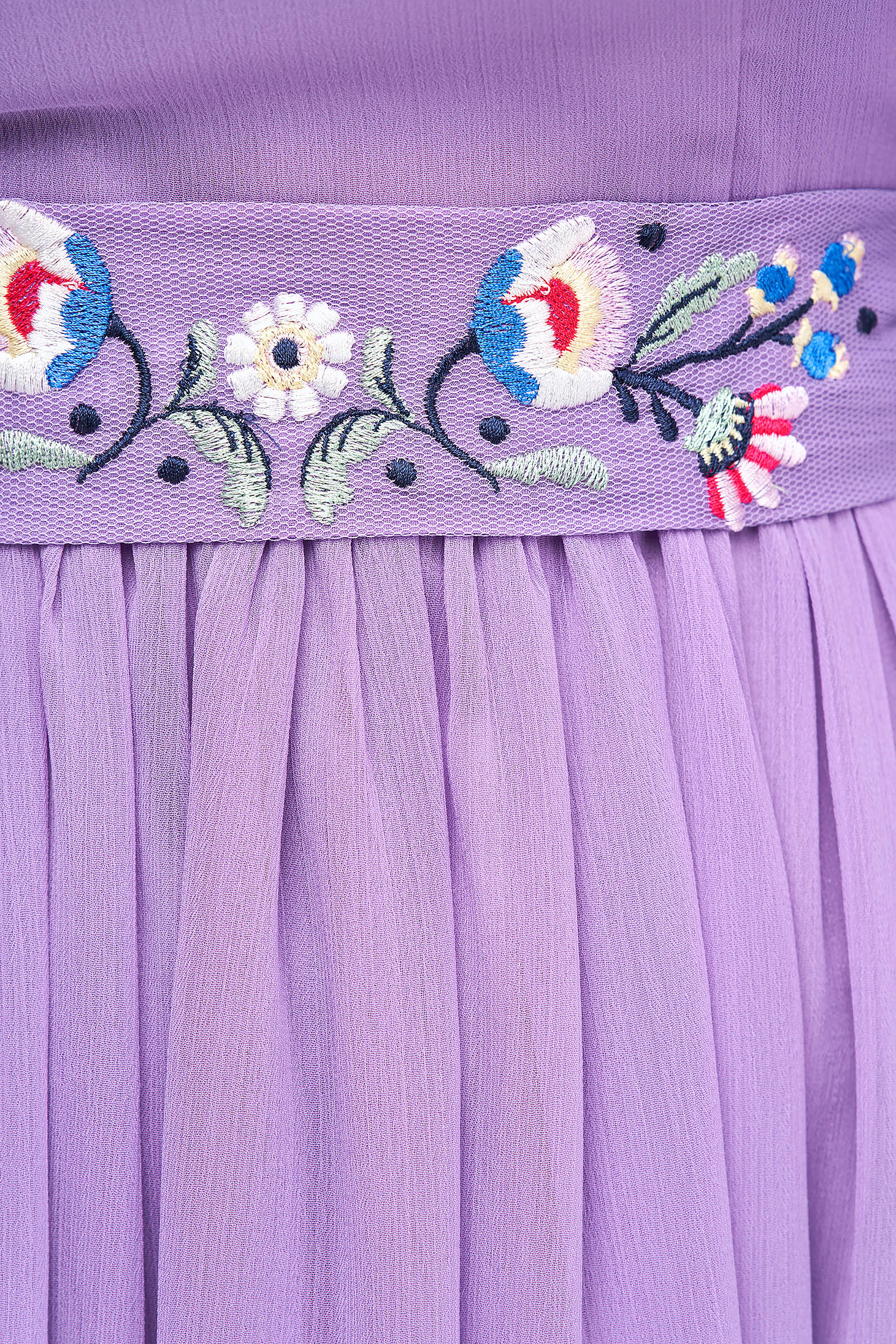 Flowy dress in light purple midi a-line with floral embroidery made in our own workshops - StarShinerS 5 - StarShinerS.com