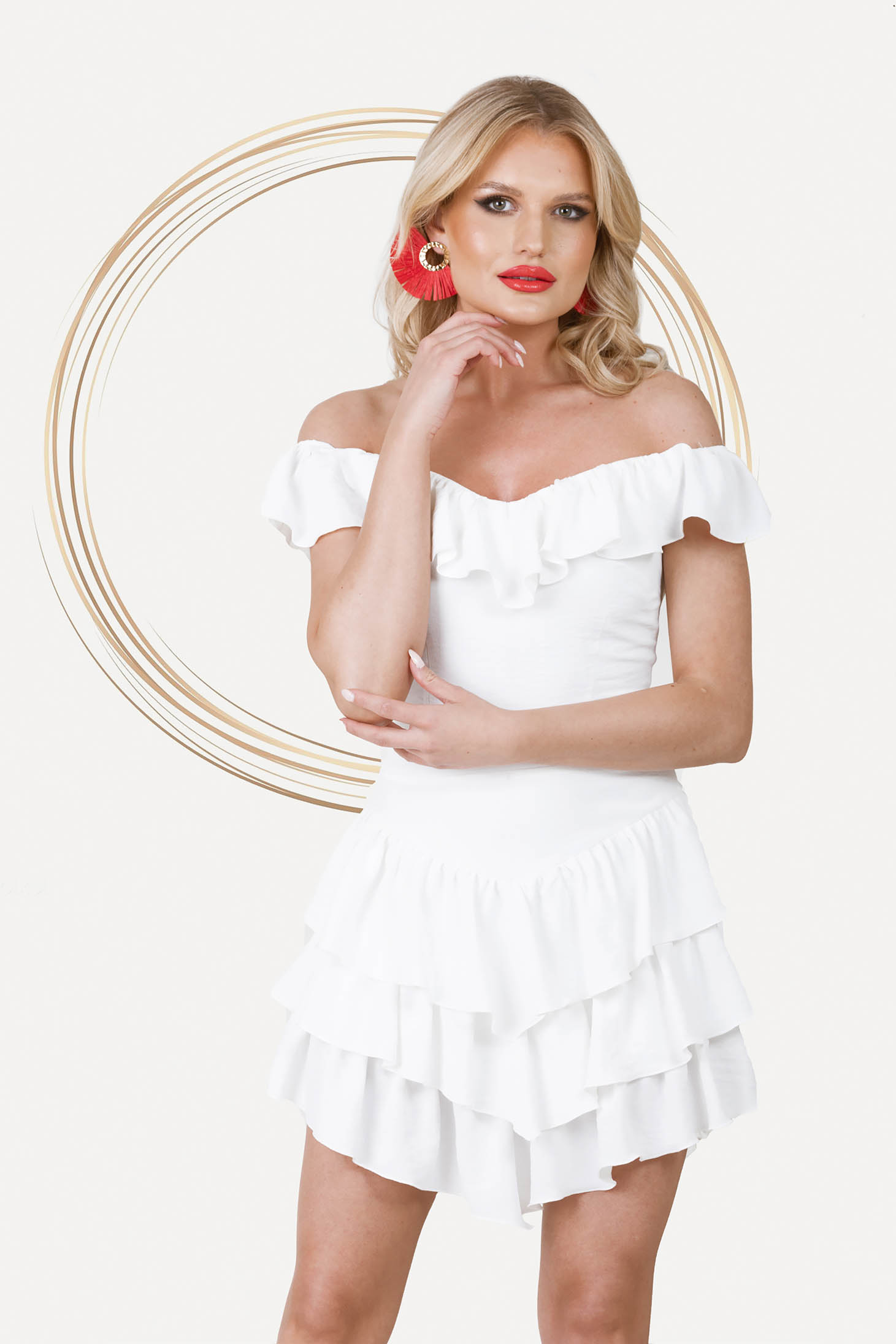 Ivory dress short cut asymmetrical cloche naked shoulders with ruffle details 2 - StarShinerS.com