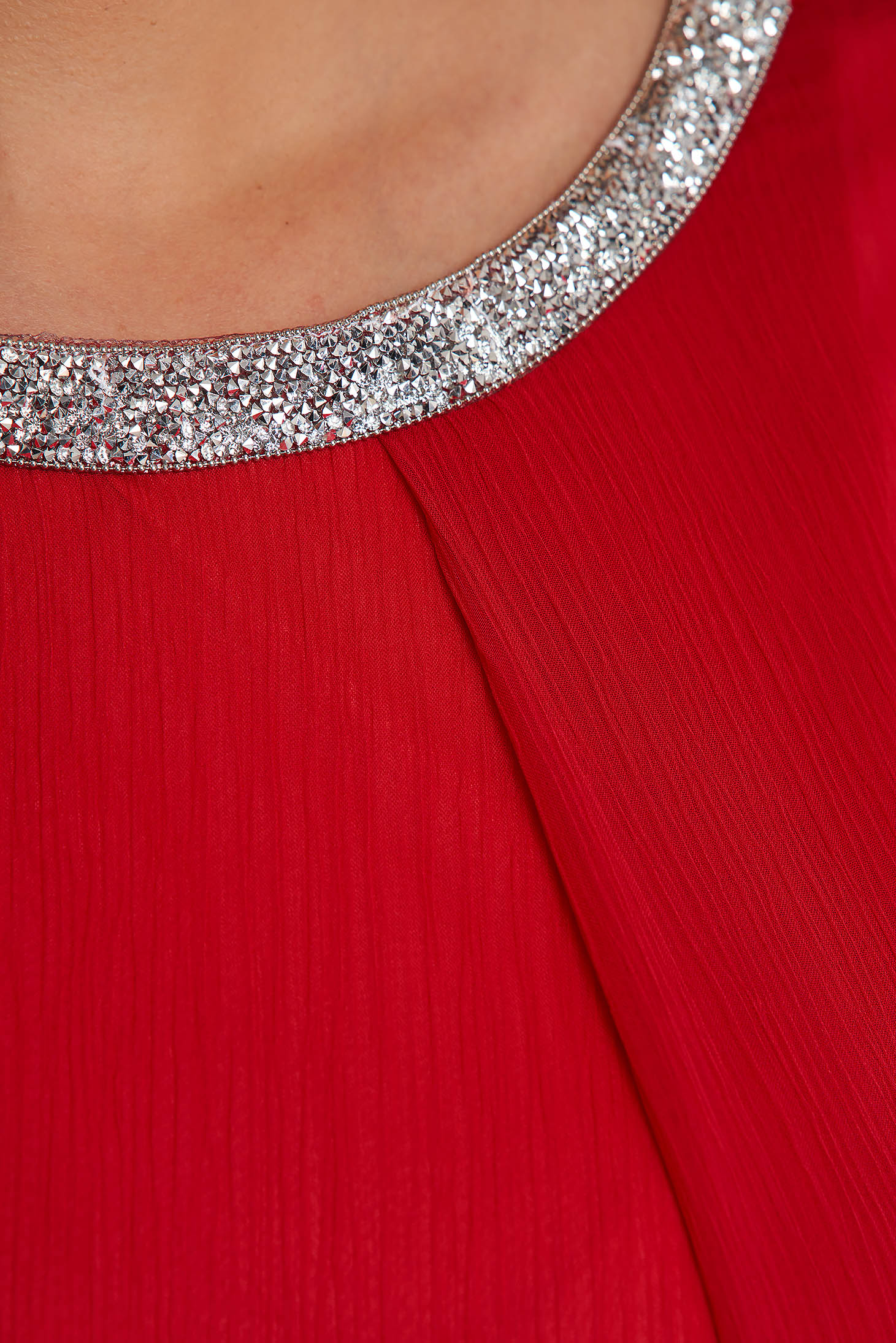 Red midi veil dress with wide cut accessorized with rhinestone gems 4 - StarShinerS.com