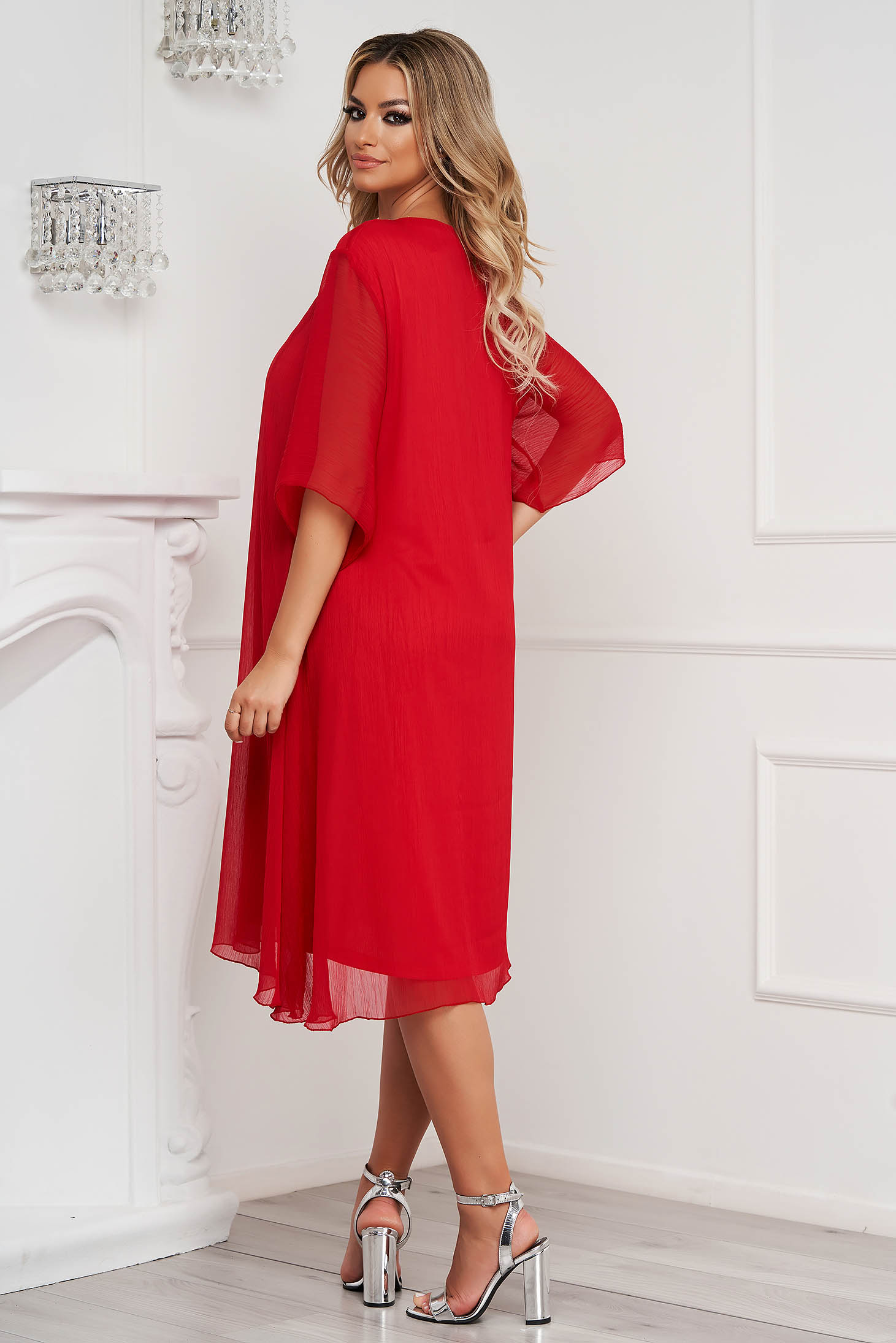 Red midi veil dress with wide cut accessorized with rhinestone gems 3 - StarShinerS.com
