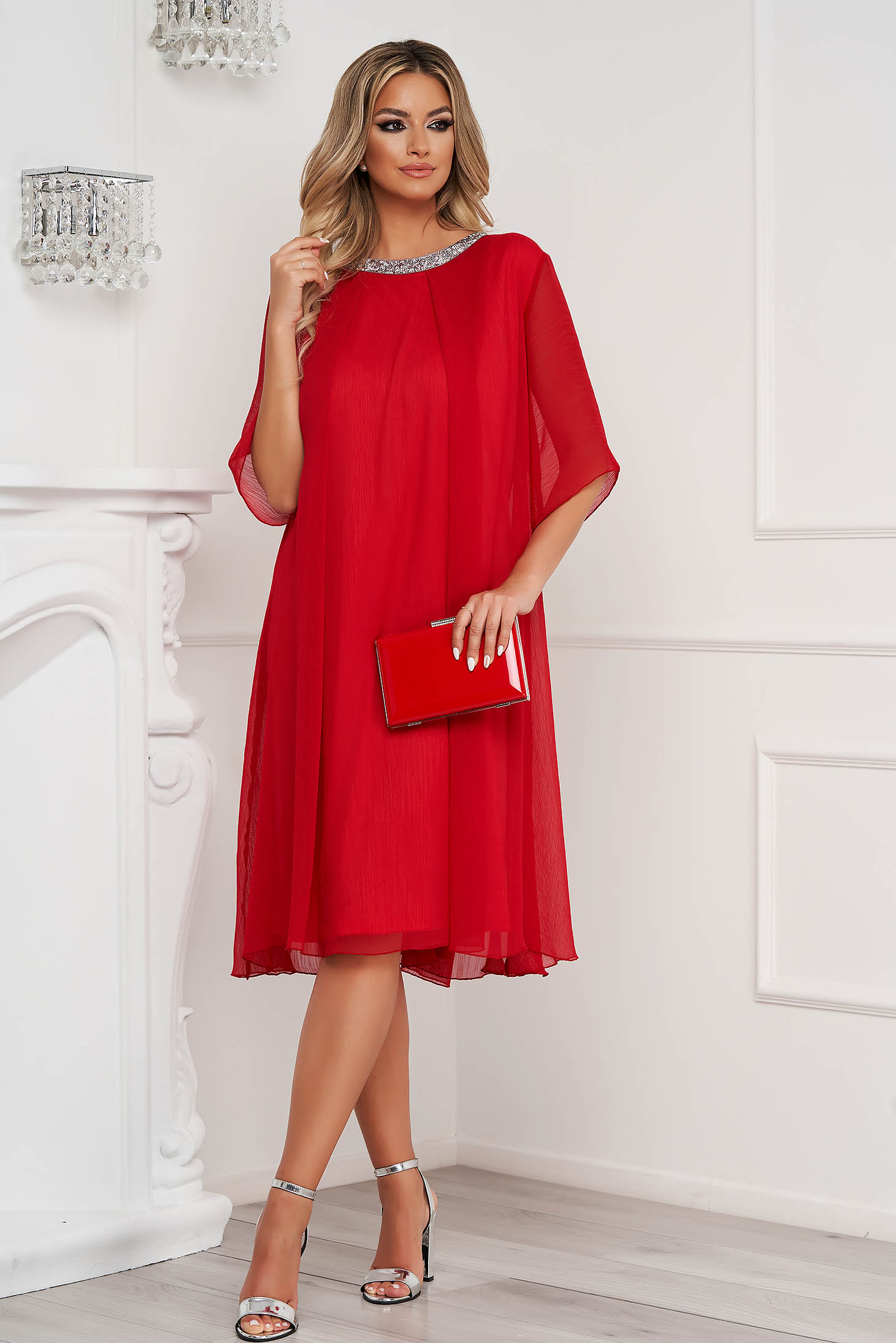 Red midi veil dress with wide cut accessorized with rhinestone gems 2 - StarShinerS.com